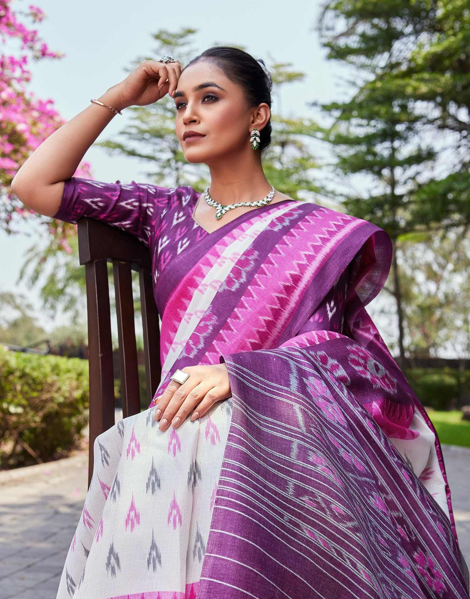 Wine Cotton Blend Ikkat Printed Saree