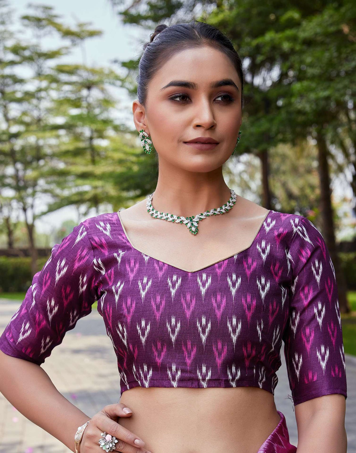 Wine Cotton Blend Ikkat Printed Saree