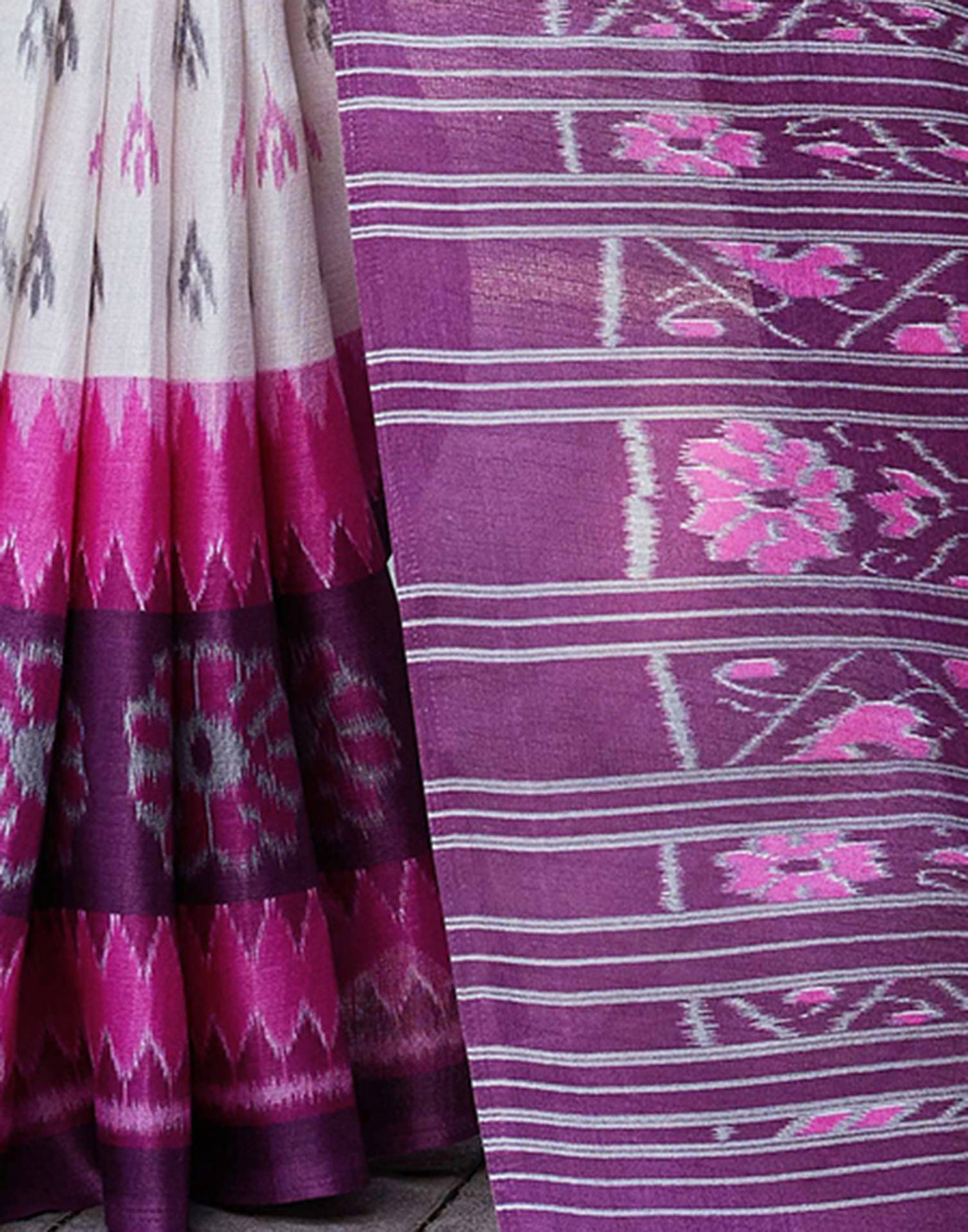 Wine Cotton Blend Ikkat Printed Saree