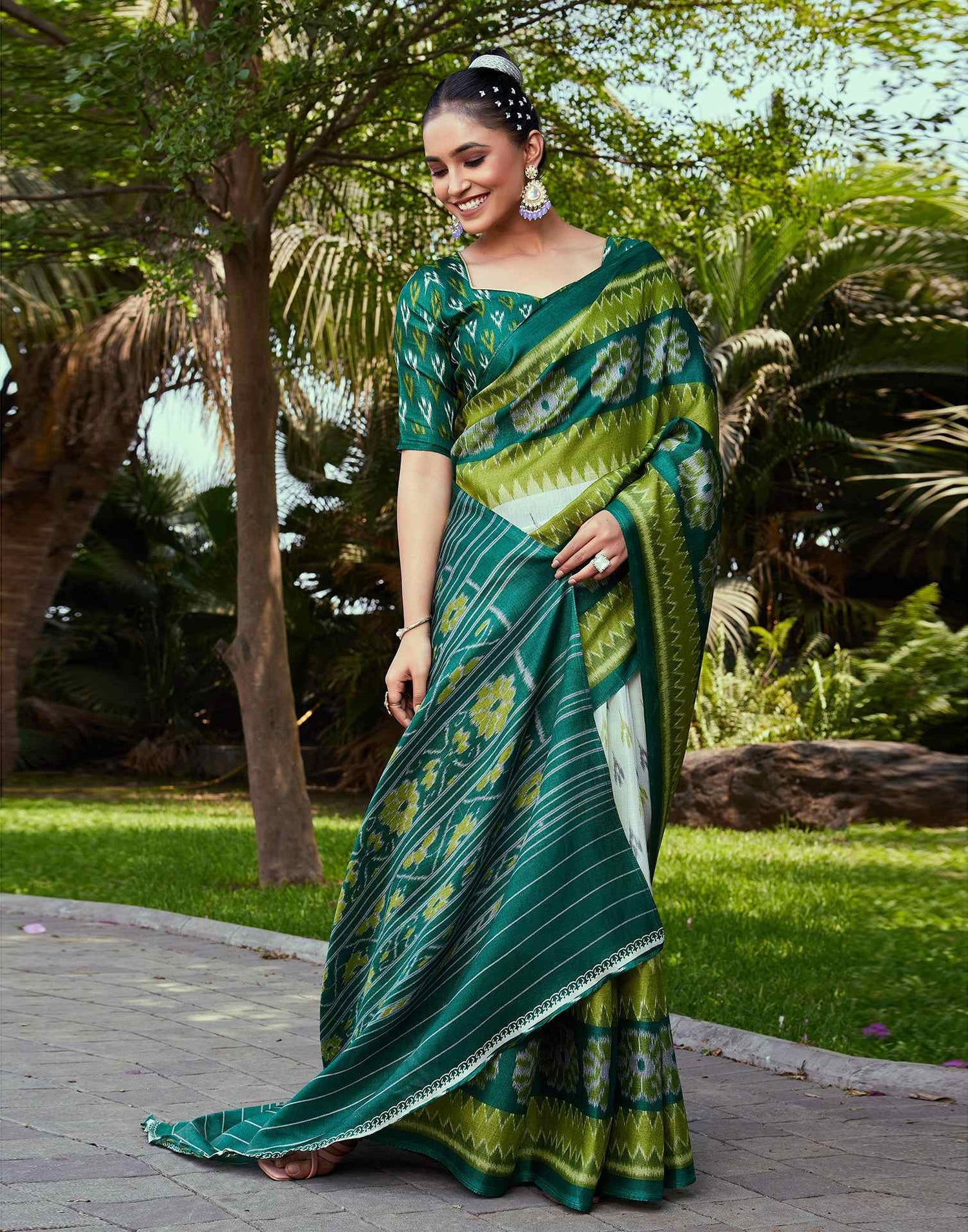 Dark Green Cotton Blend Ikkat Printed Saree