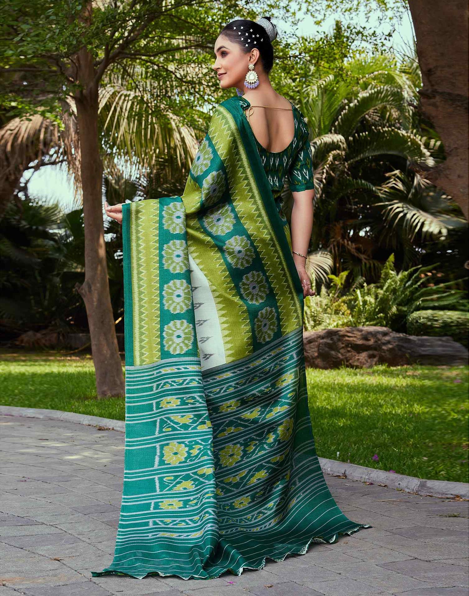 Dark Green Cotton Blend Ikkat Printed Saree