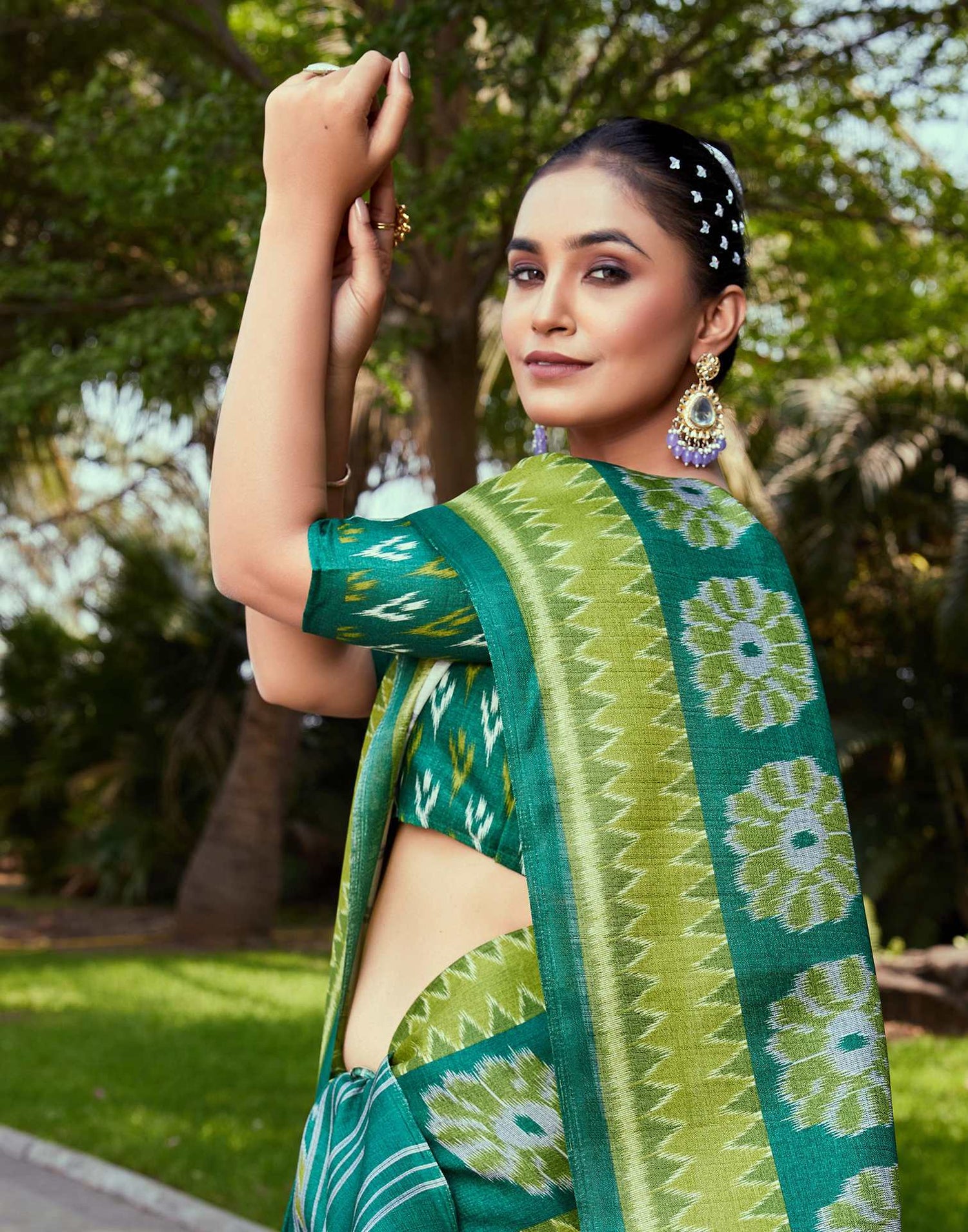 Dark Green Cotton Blend Ikkat Printed Saree