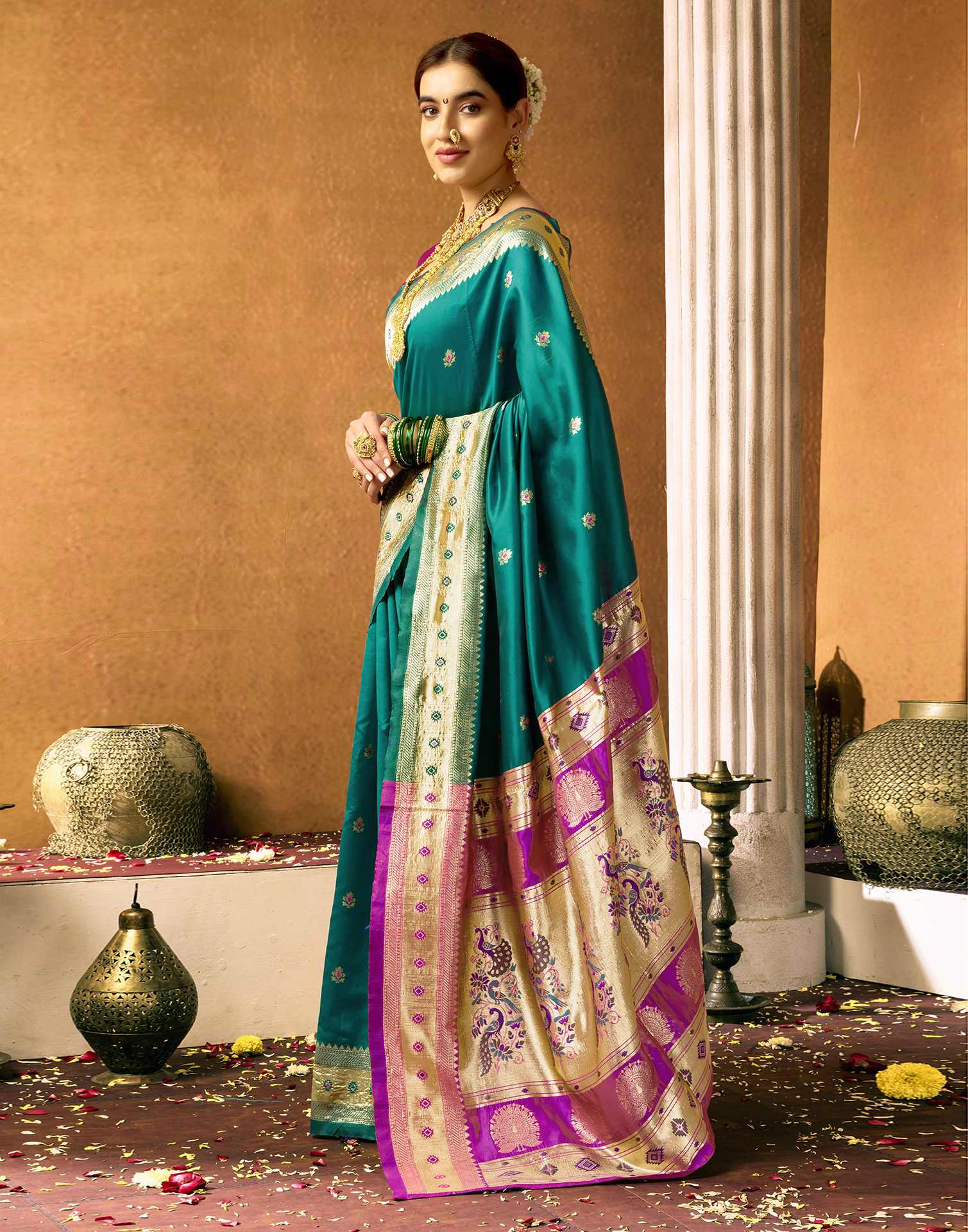 Teal Green Silk Woven Paithani Saree