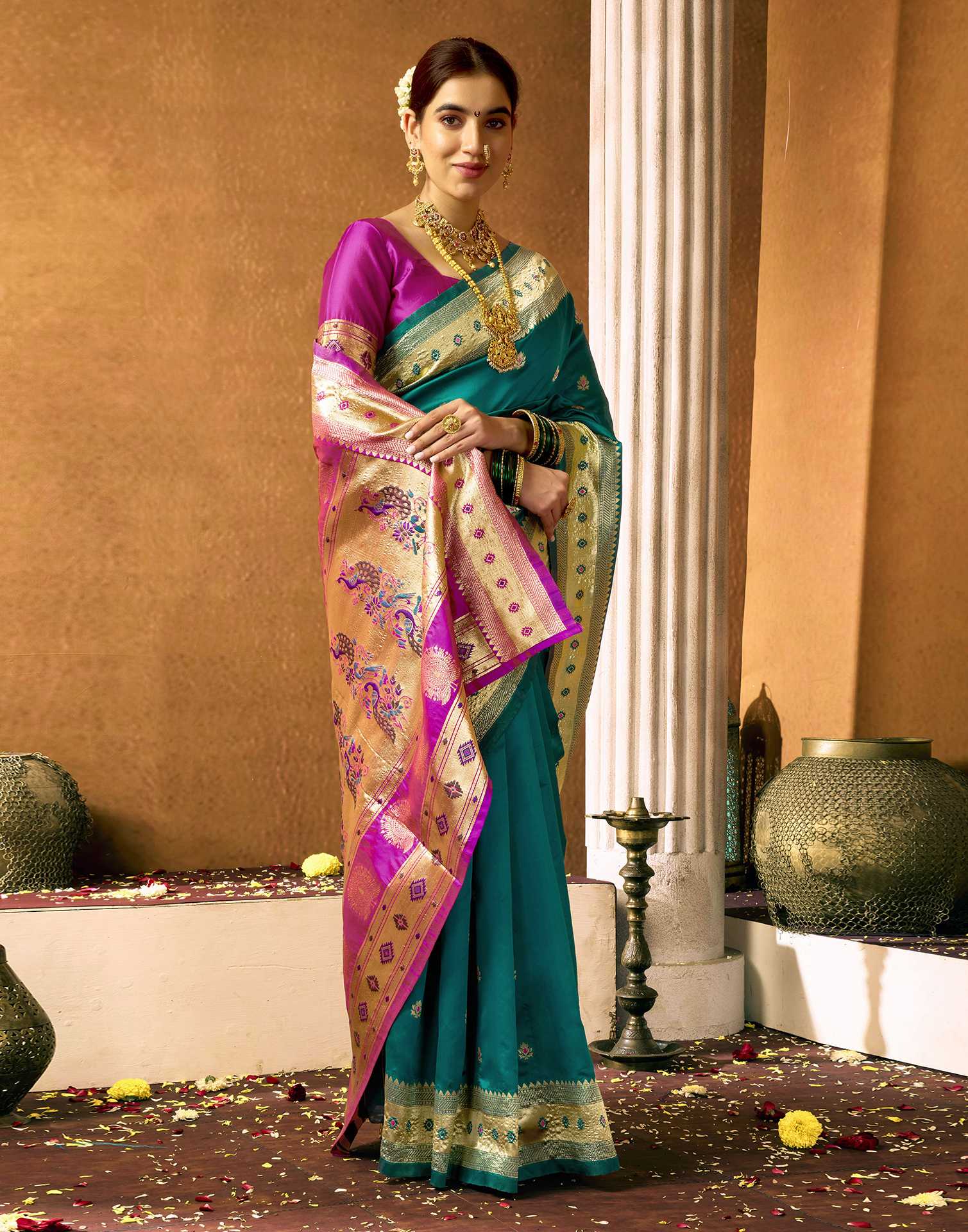 Teal Green Silk Woven Paithani Saree