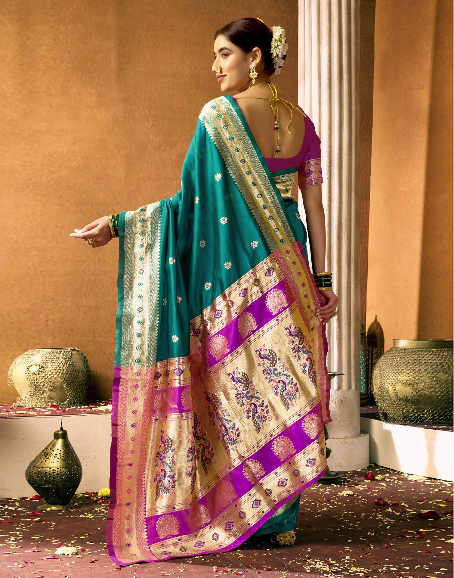 Teal Green Silk Woven Paithani Saree