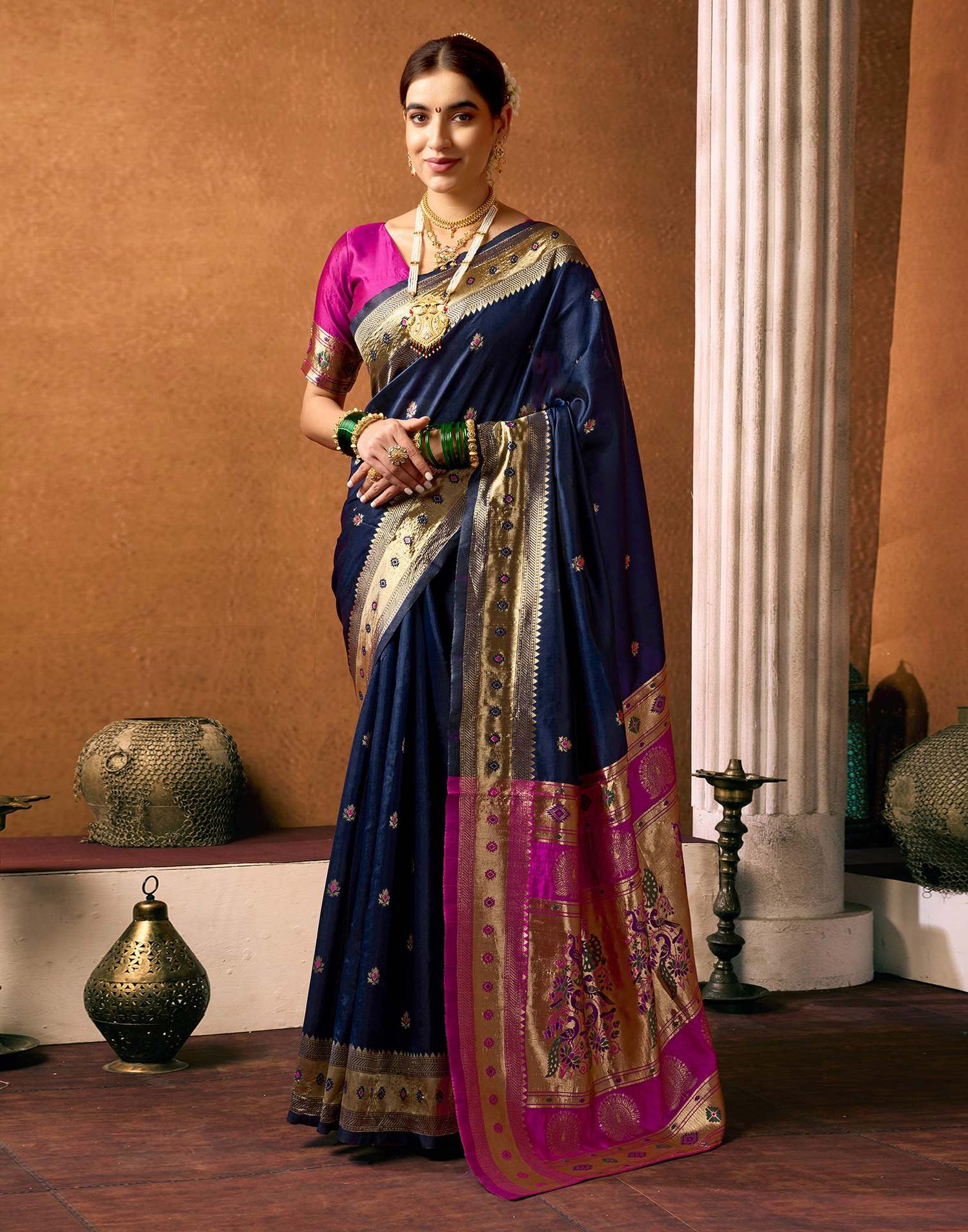 Navy Blue Silk Woven Paithani Saree