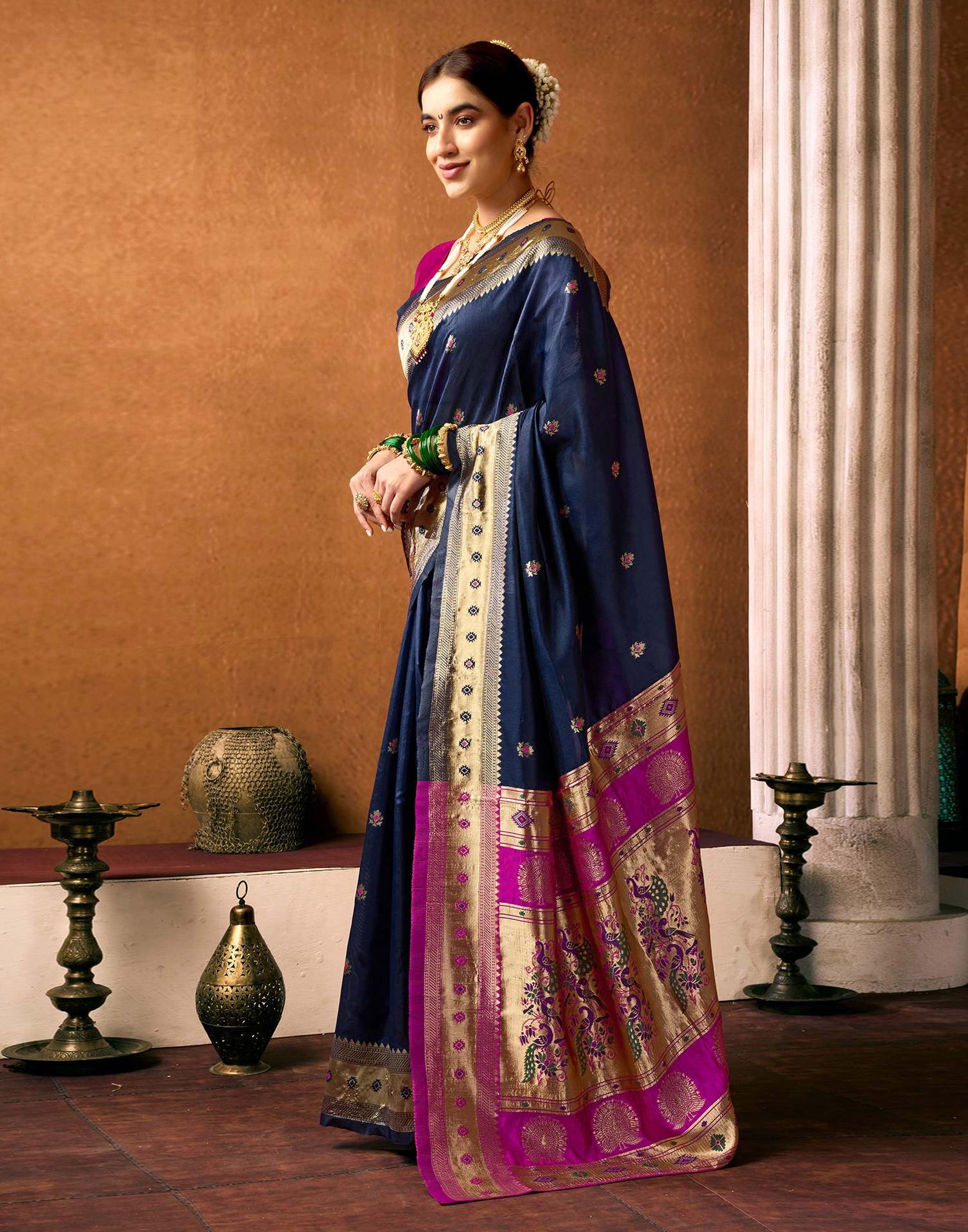 Navy Blue Silk Woven Paithani Saree