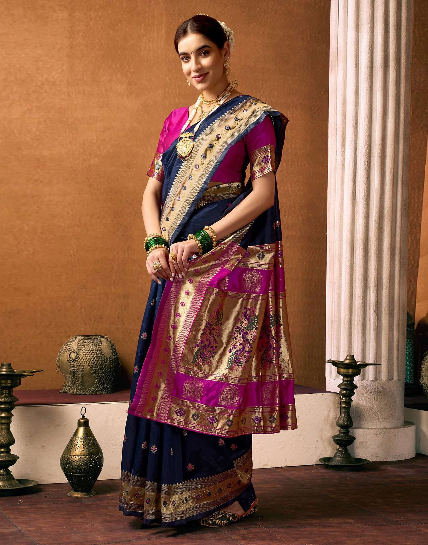 Navy Blue Silk Woven Paithani Saree
