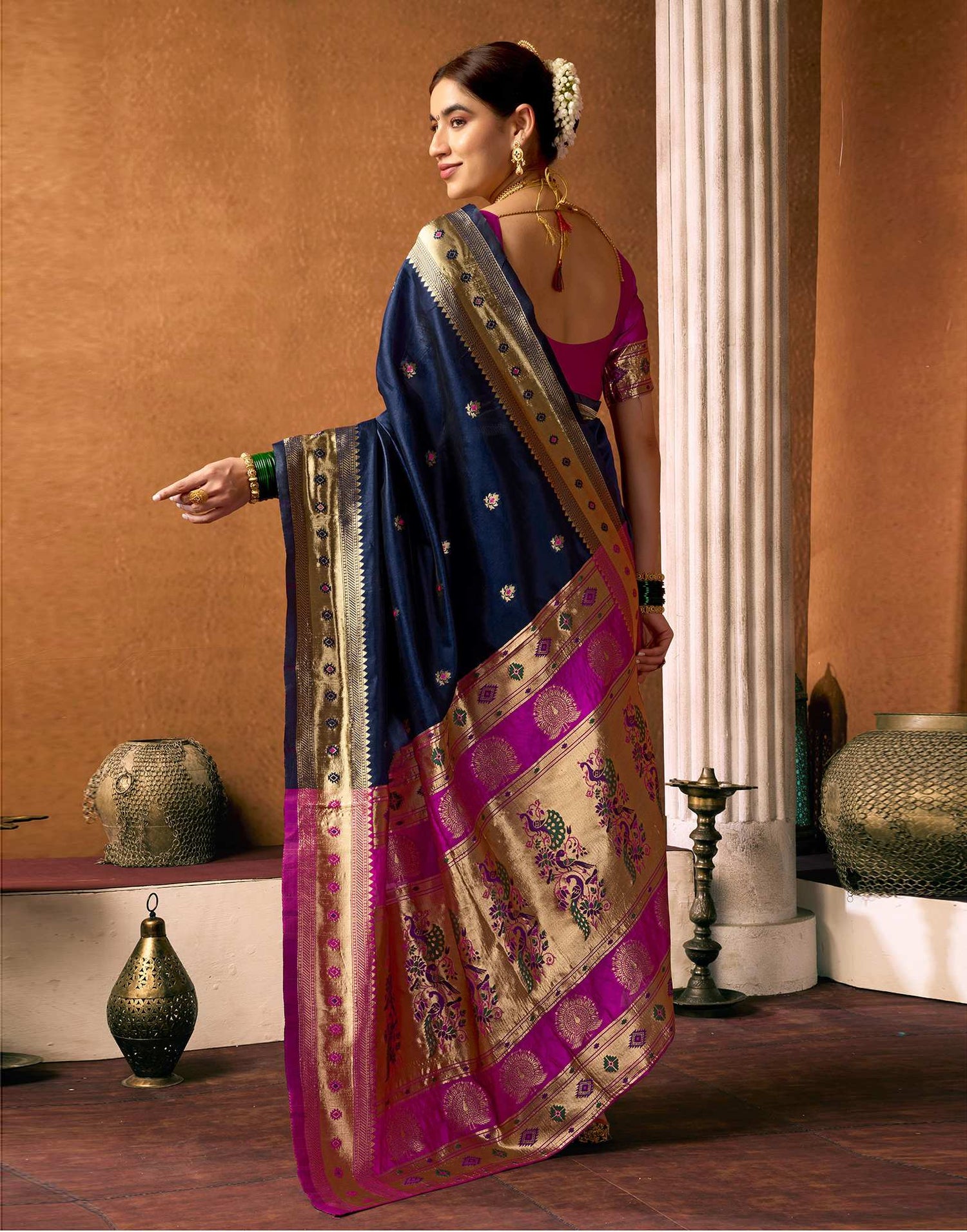 Navy Blue Silk Woven Paithani Saree