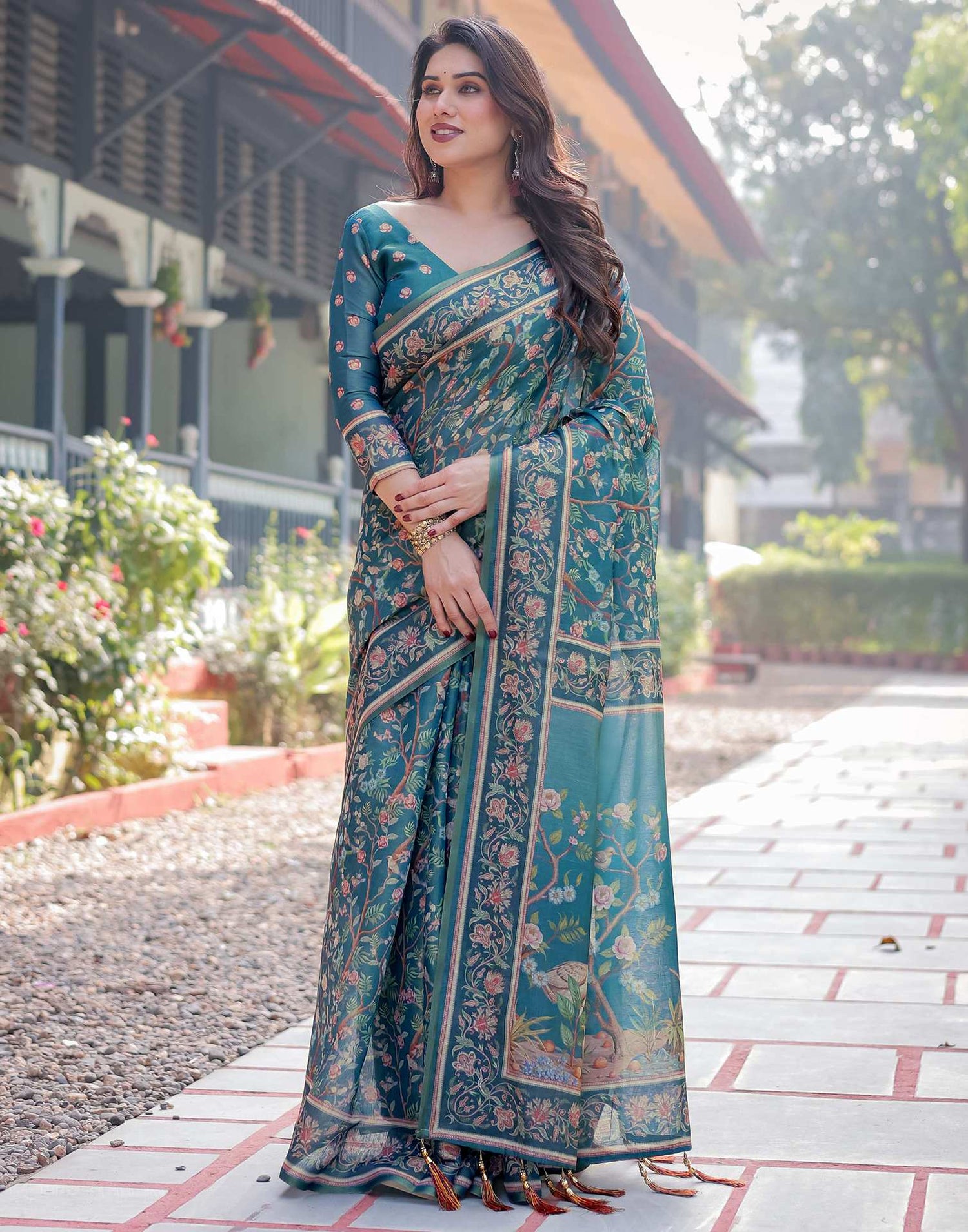 Dusty Rama Blue Linen Floral Printed Saree