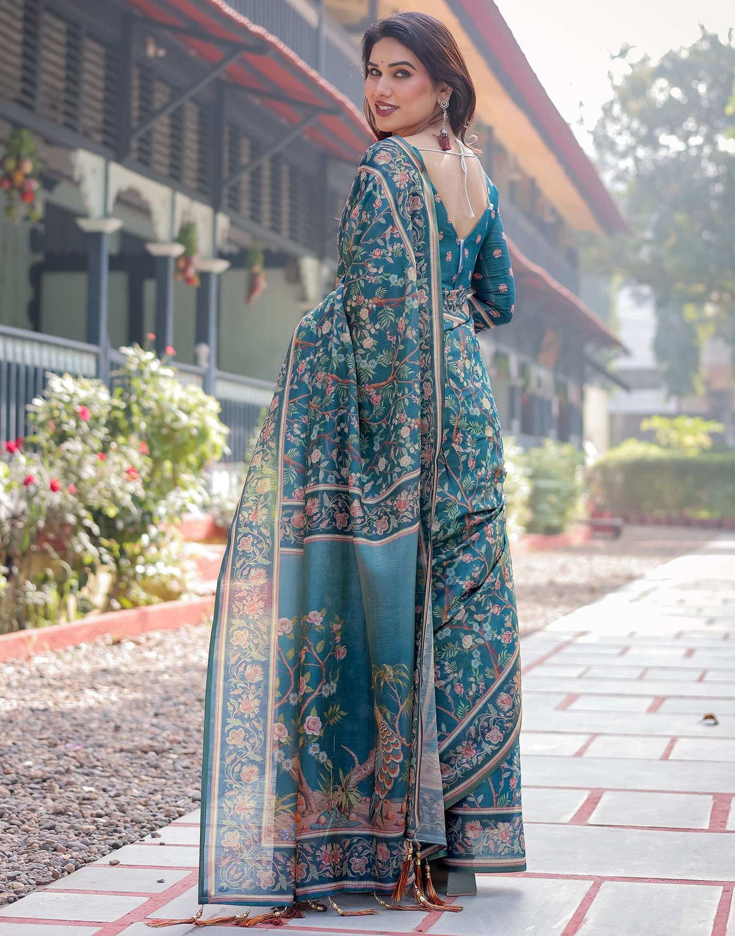 Dusty Rama Blue Linen Floral Printed Saree