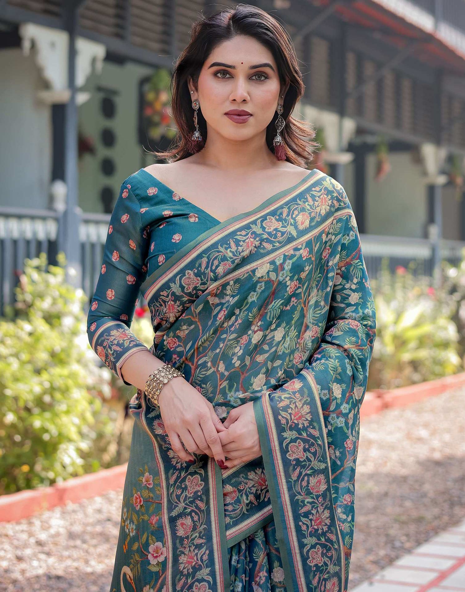 Dusty Rama Blue Linen Floral Printed Saree