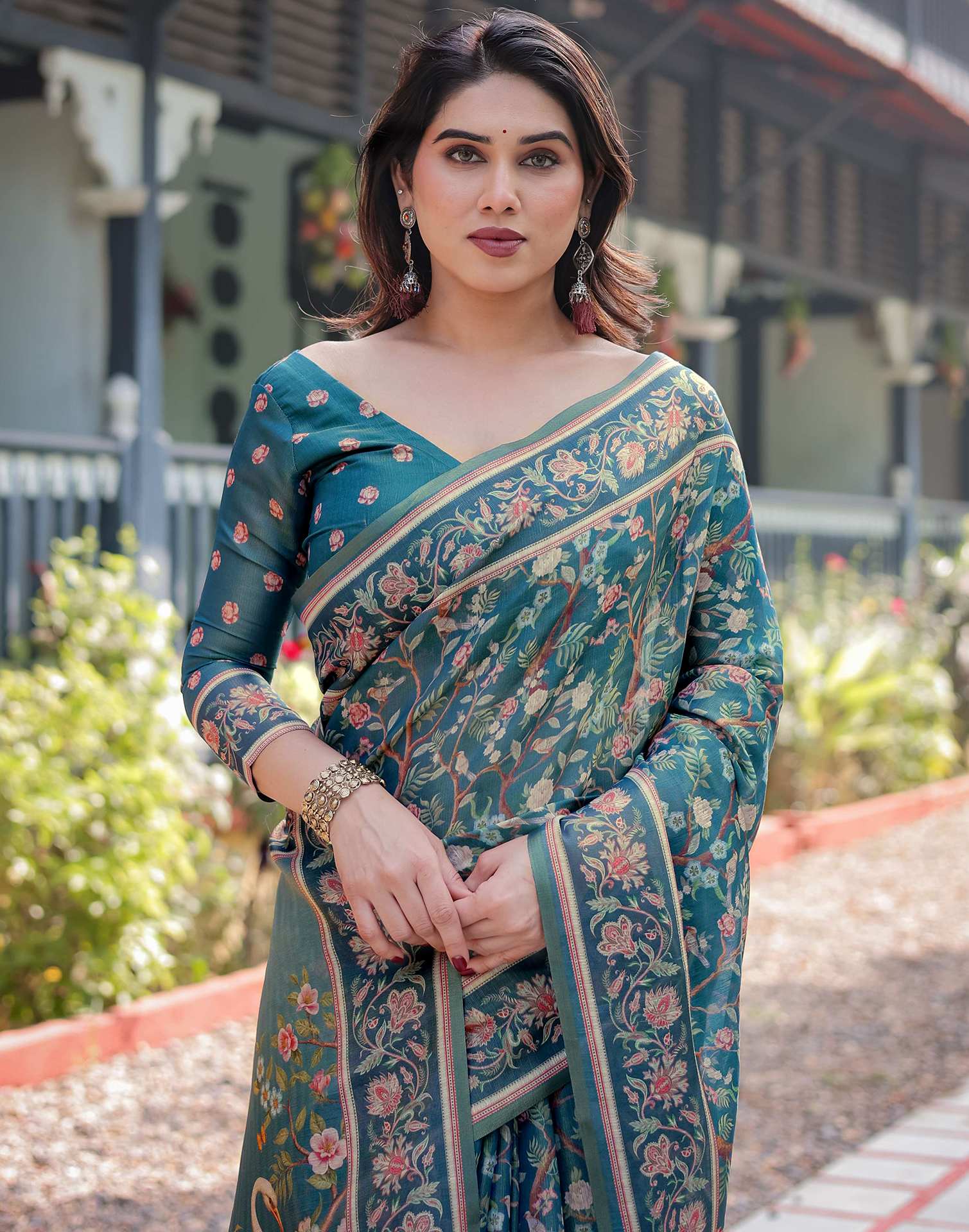 Dusty Rama Blue Linen Floral Printed Saree