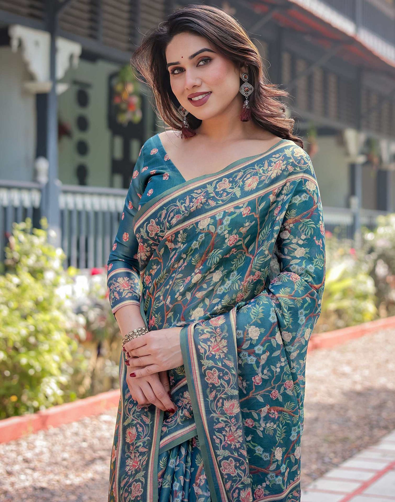 Dusty Rama Blue Linen Floral Printed Saree