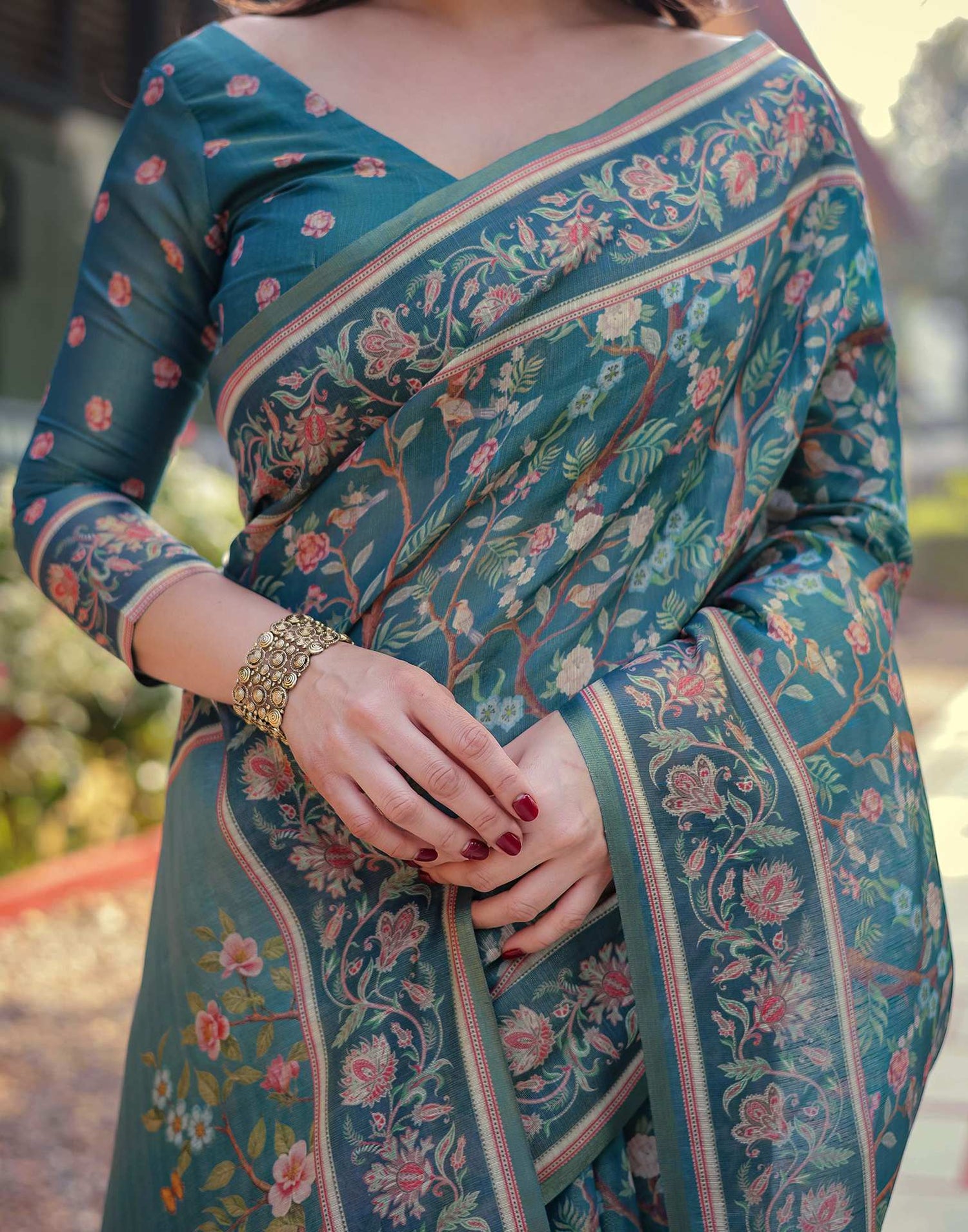 Dusty Rama Blue Linen Floral Printed Saree