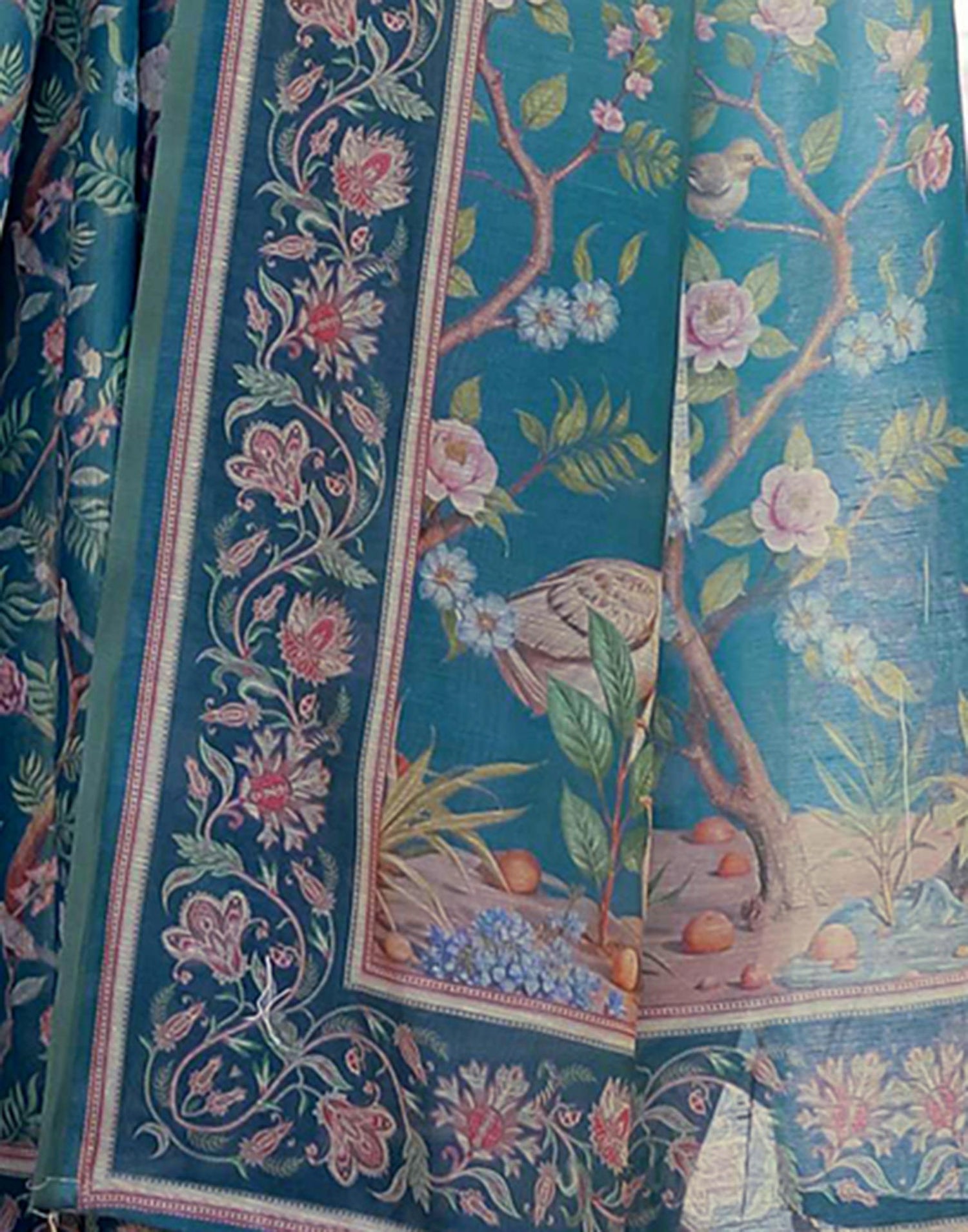 Dusty Rama Blue Linen Floral Printed Saree