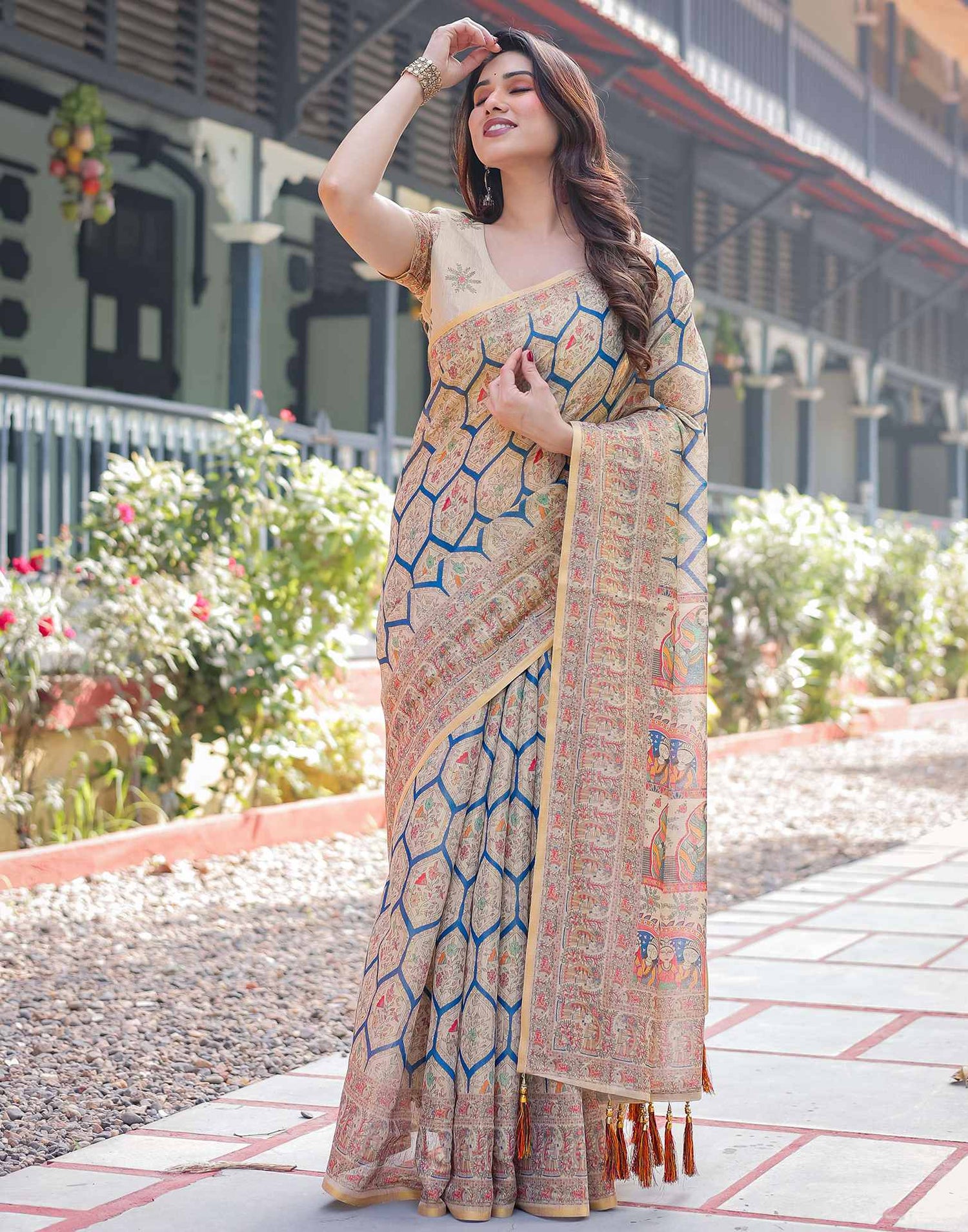 Beige Linen Printed Saree