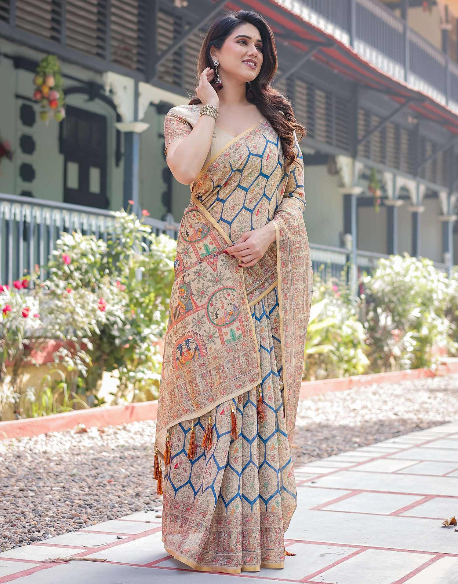 Beige Linen Printed Saree