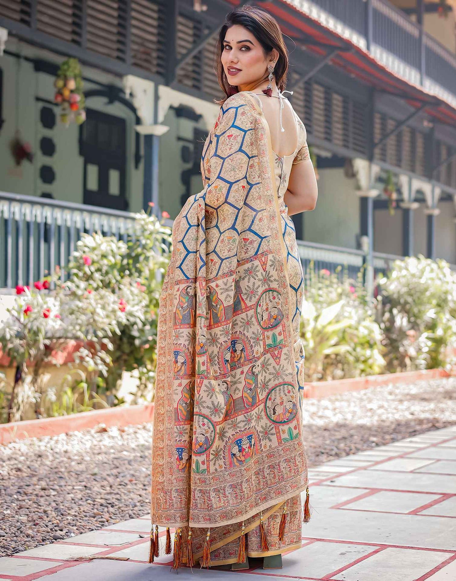 Beige Linen Printed Saree