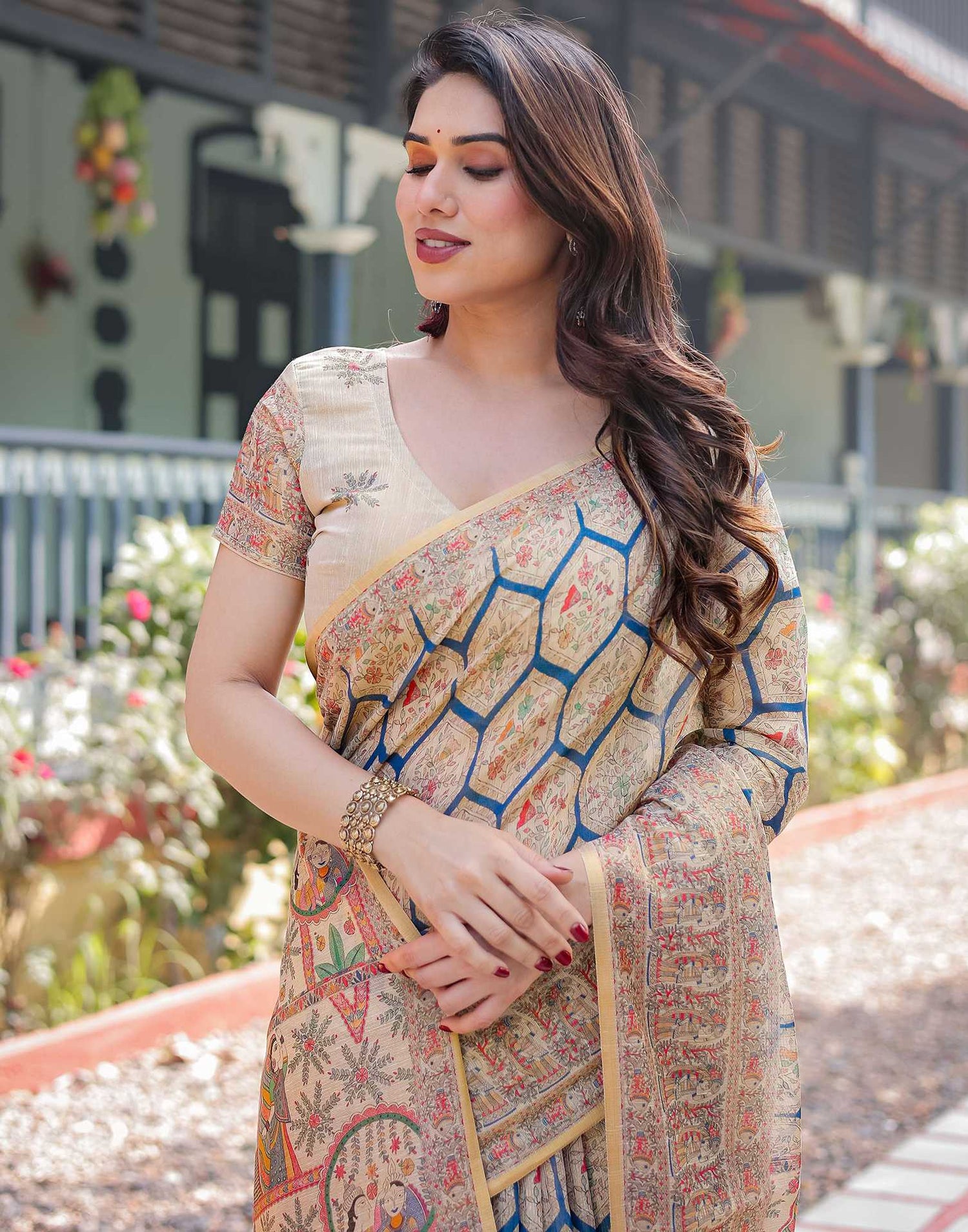 Beige Linen Printed Saree