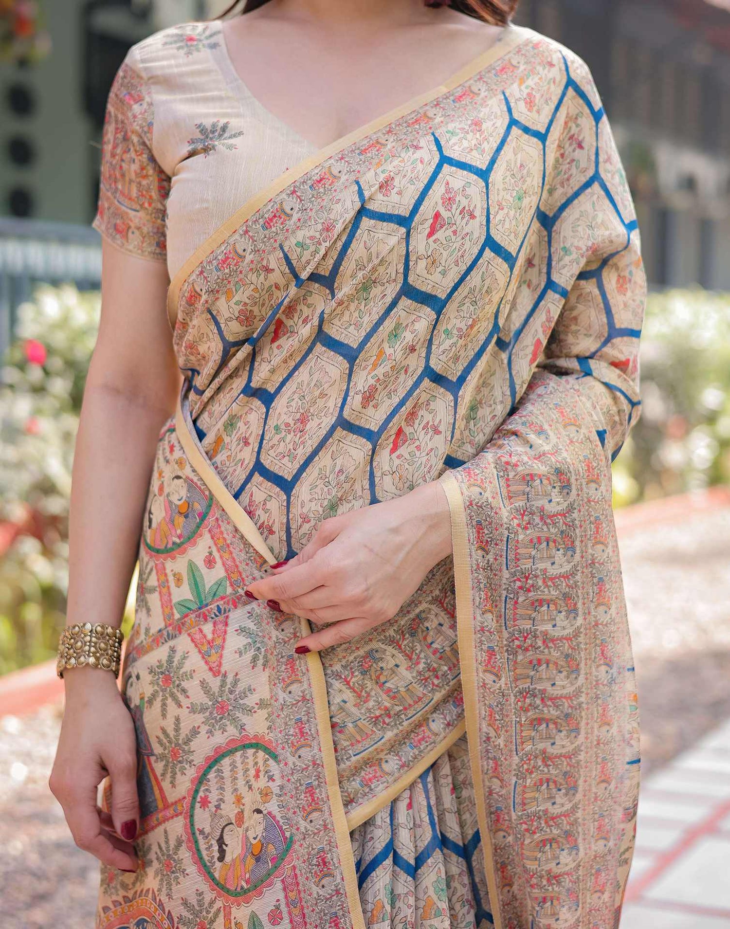 Beige Linen Printed Saree
