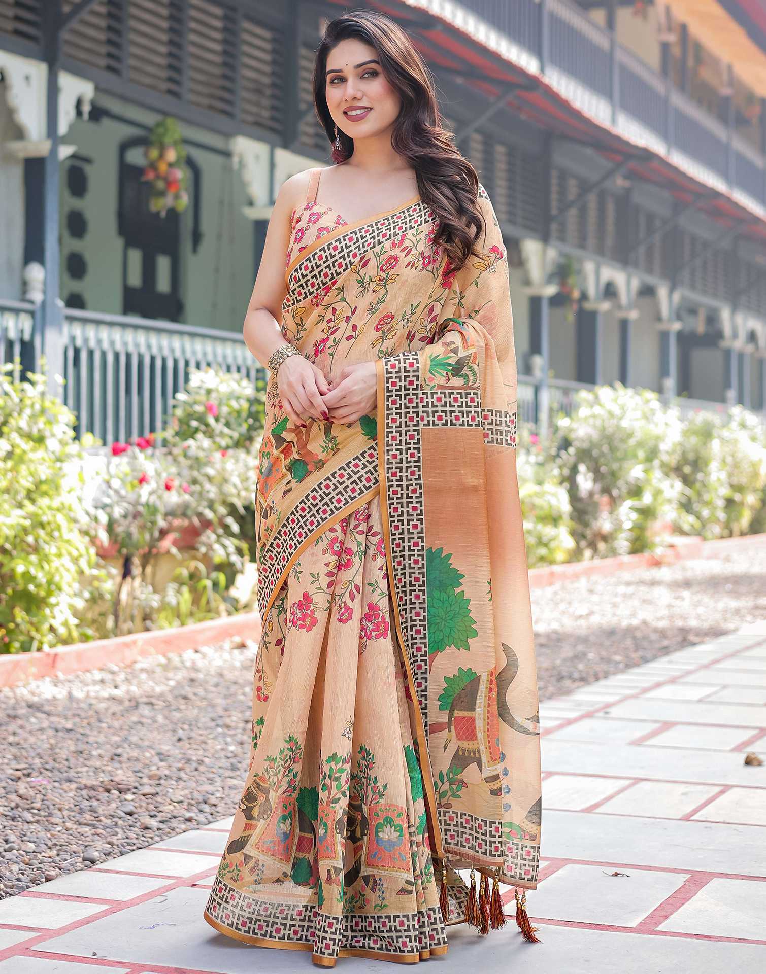 Beige Linen Floral Printed Kalamkari Saree