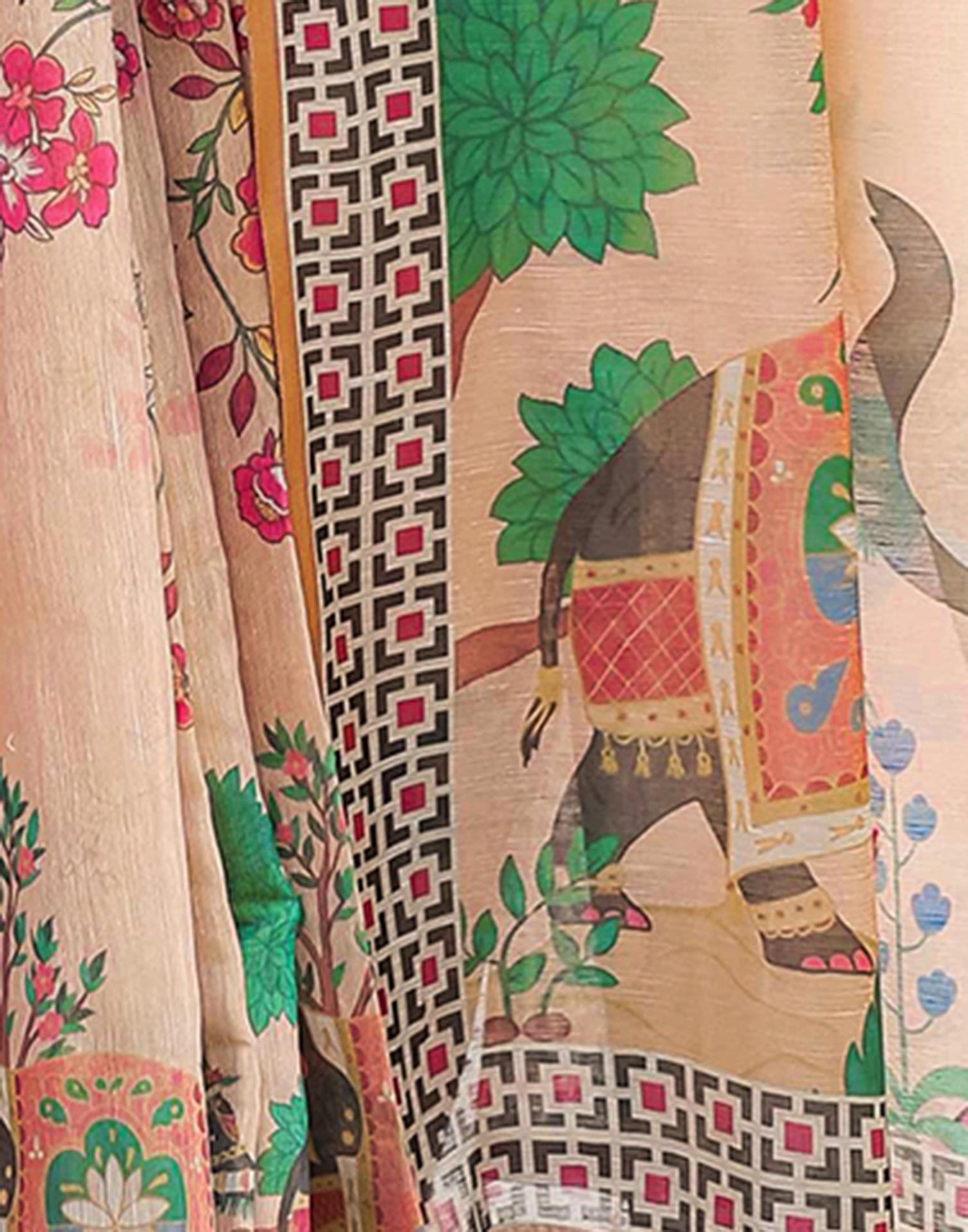 Beige Linen Floral Printed Kalamkari Saree