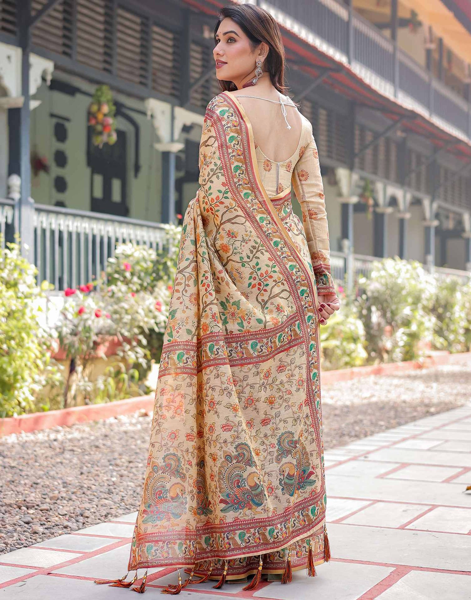 Beige Linen Floral Printed Saree