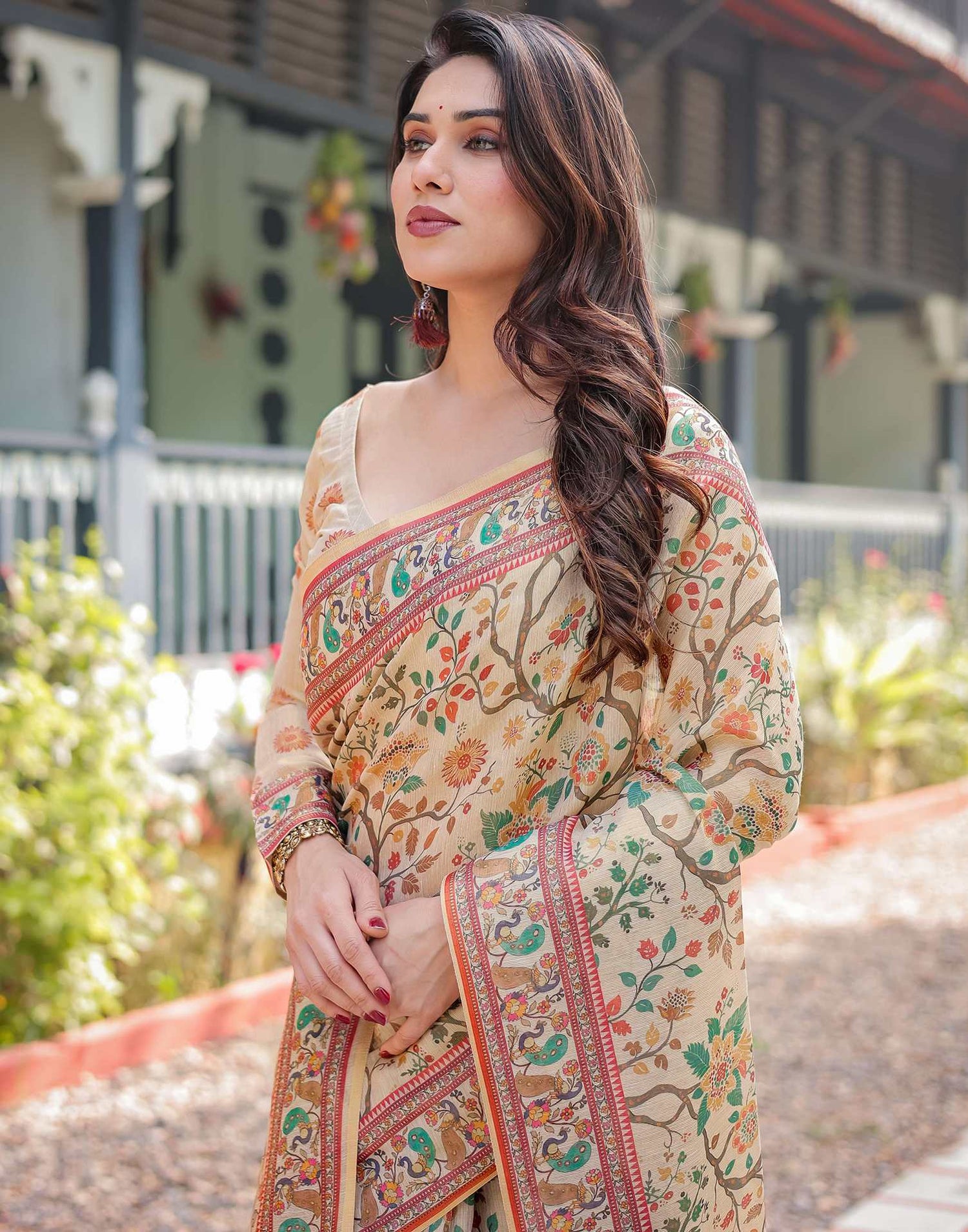 Beige Linen Floral Printed Saree