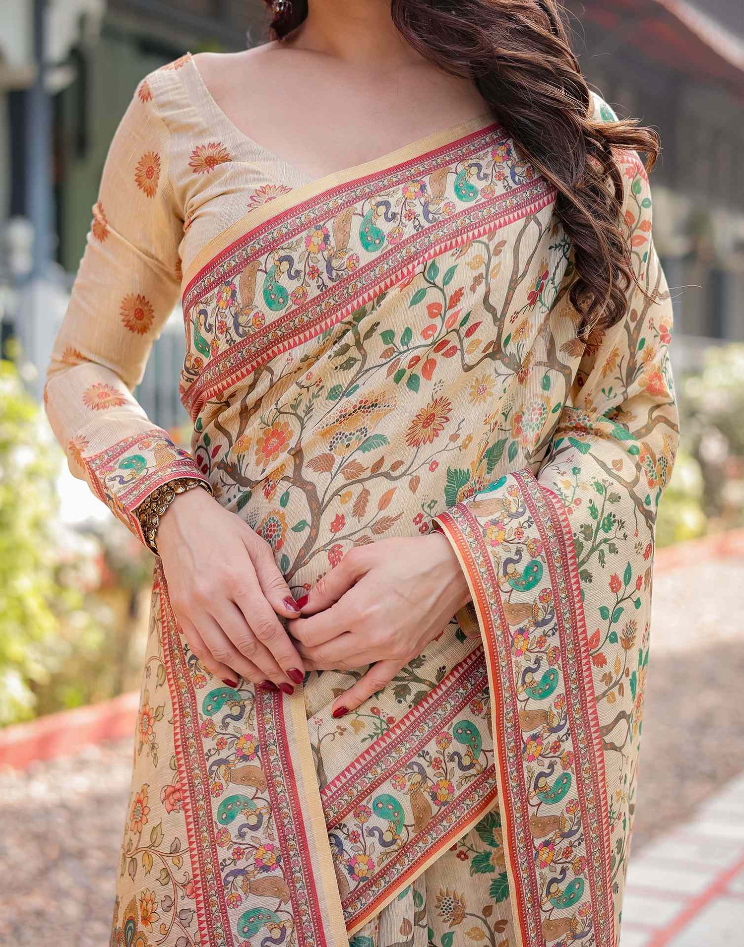 Beige Linen Floral Printed Saree