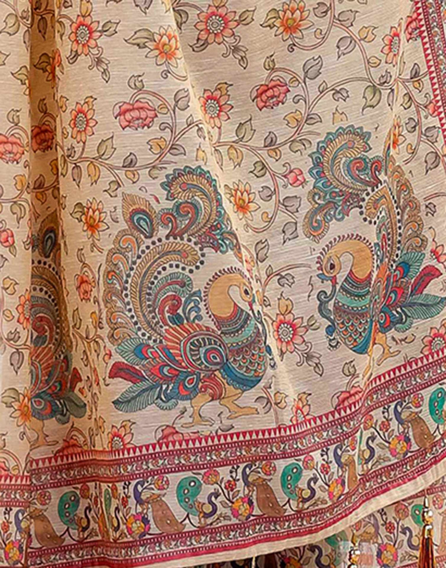 Beige Linen Floral Printed Saree