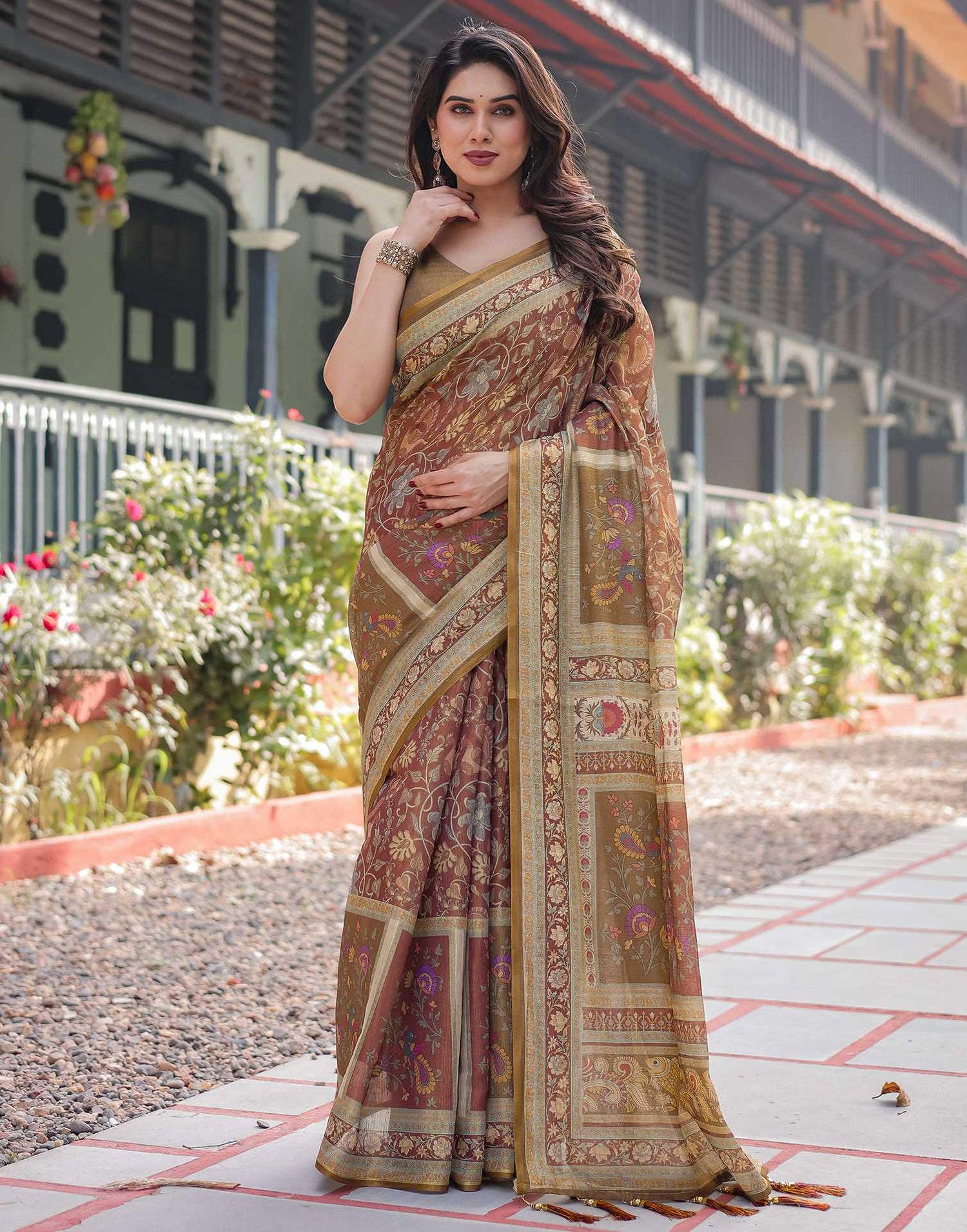 Chestnut Brown Linen Floral Printed Saree