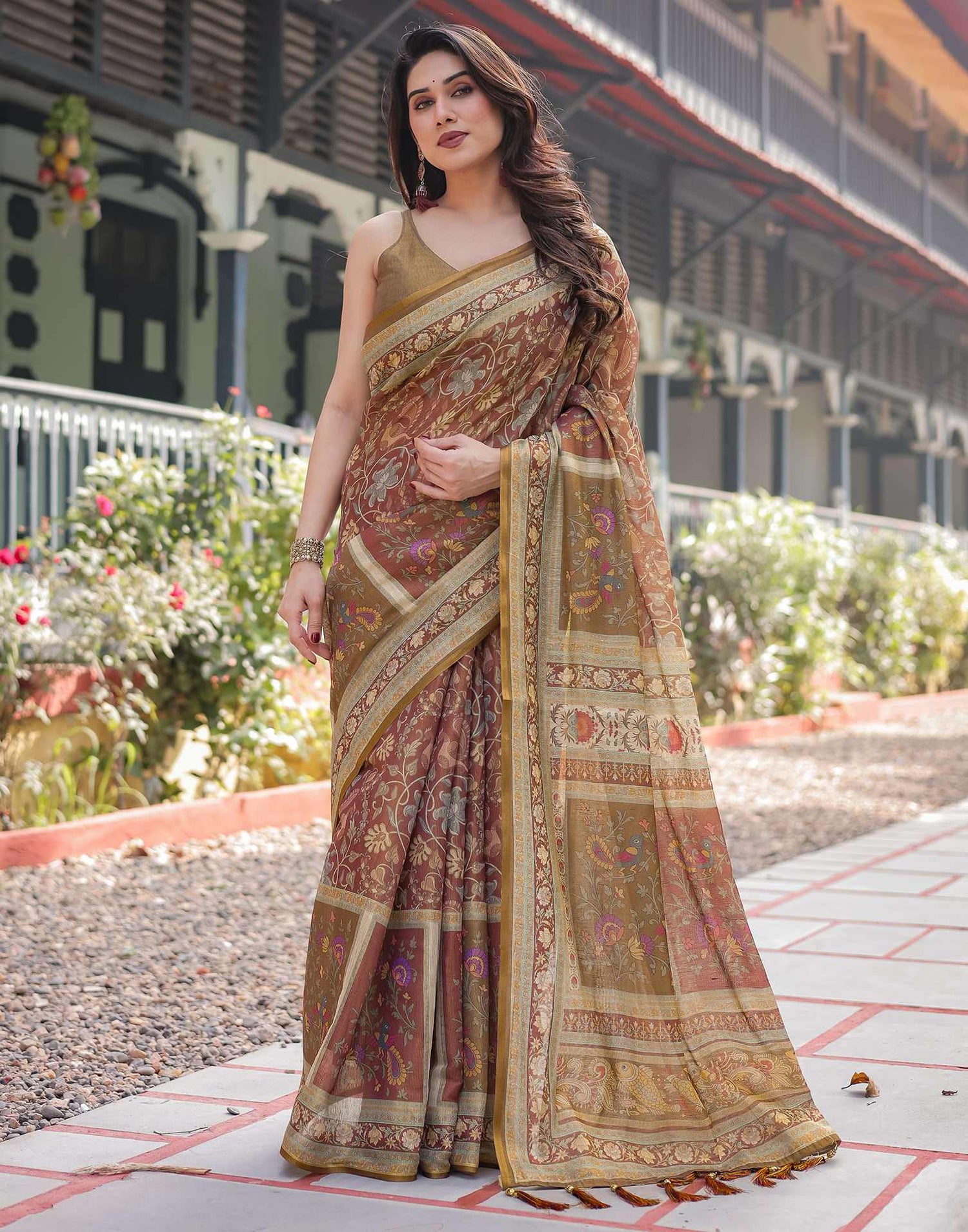 Chestnut Brown Linen Floral Printed Saree