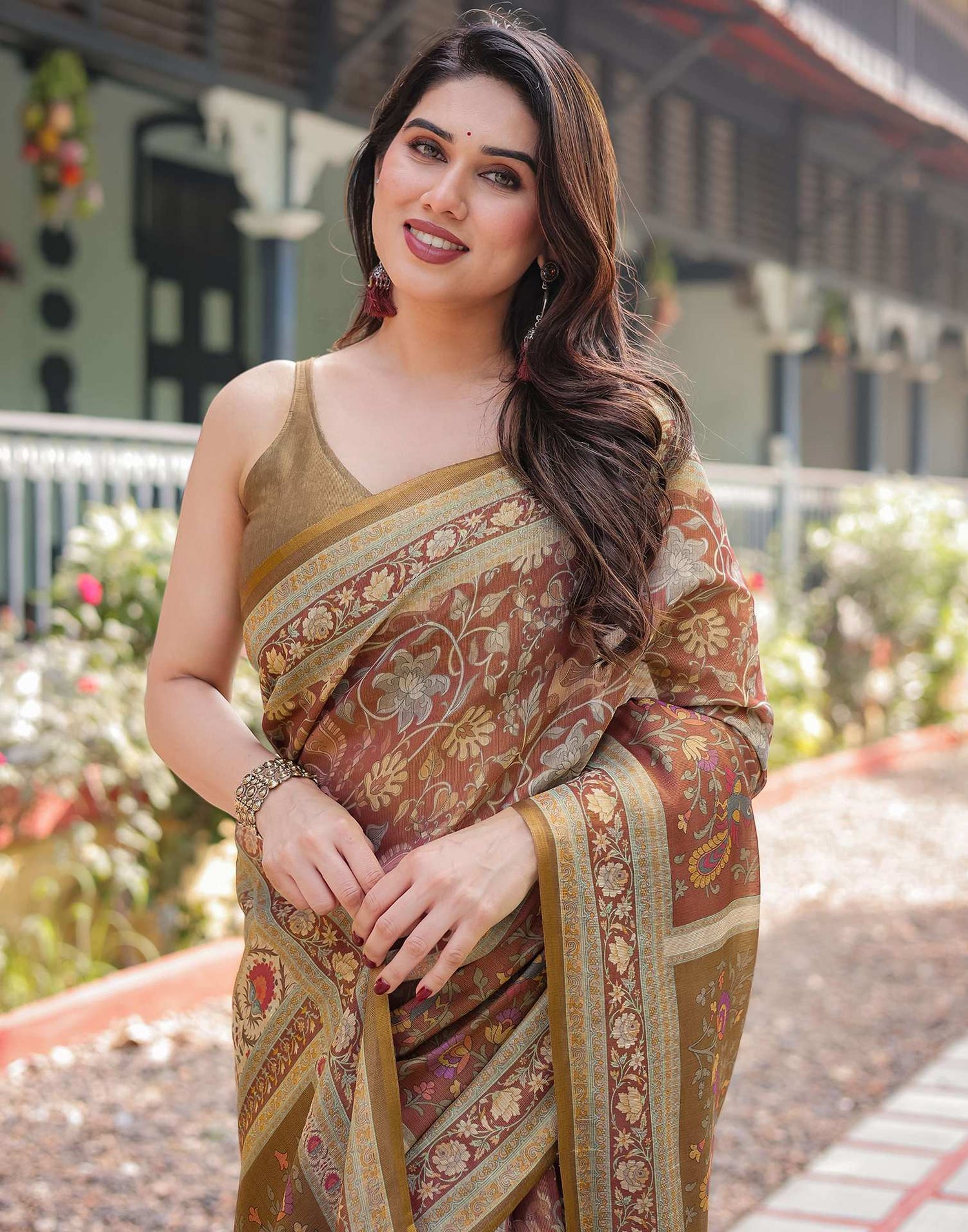 Chestnut Brown Linen Floral Printed Saree