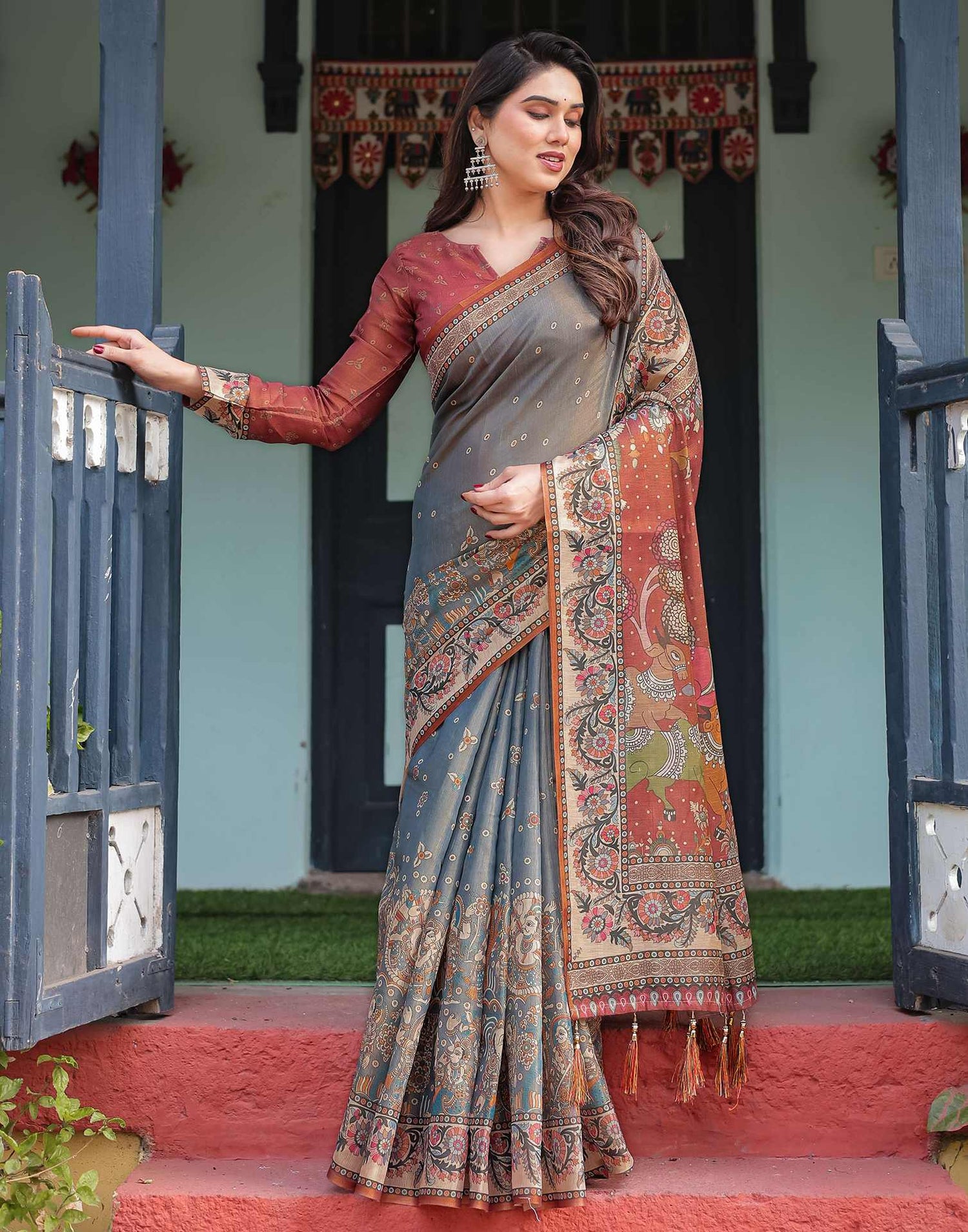 Grey Linen Kalamkari Saree