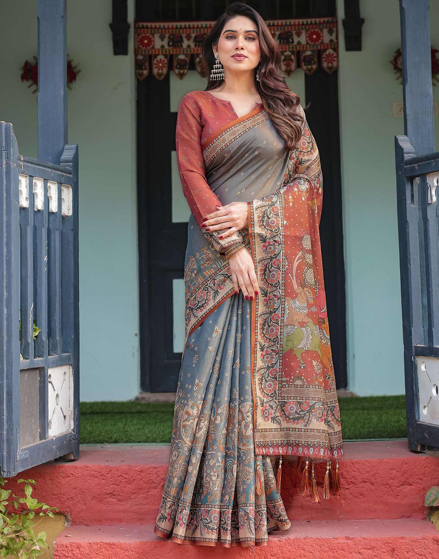 Grey Linen Kalamkari Saree