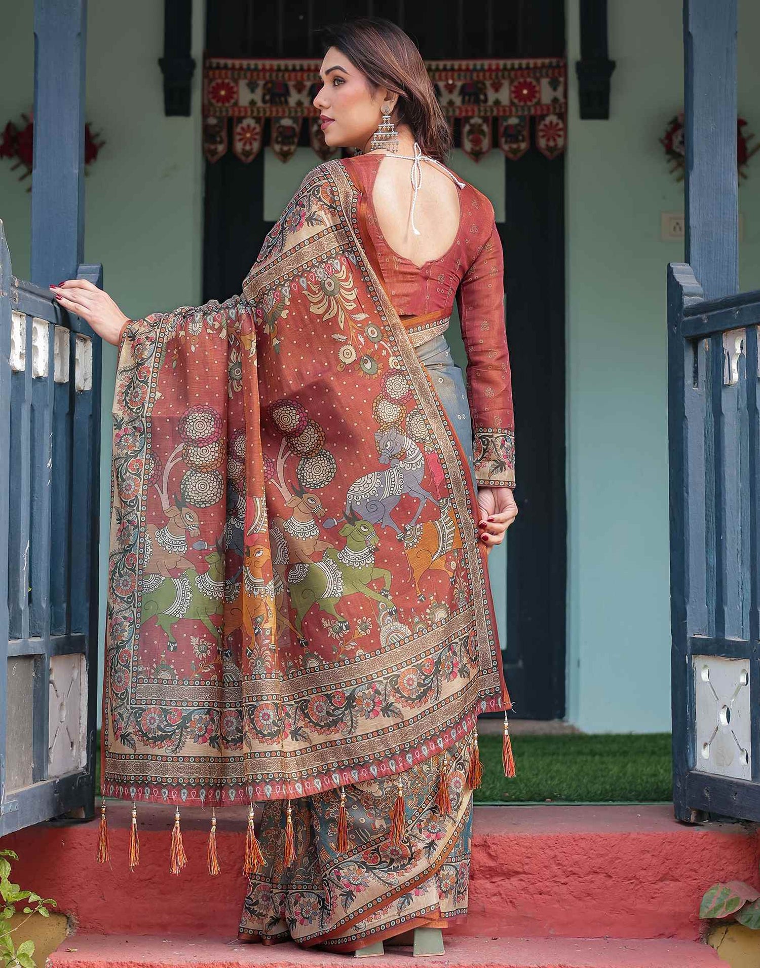 Grey Linen Kalamkari Saree