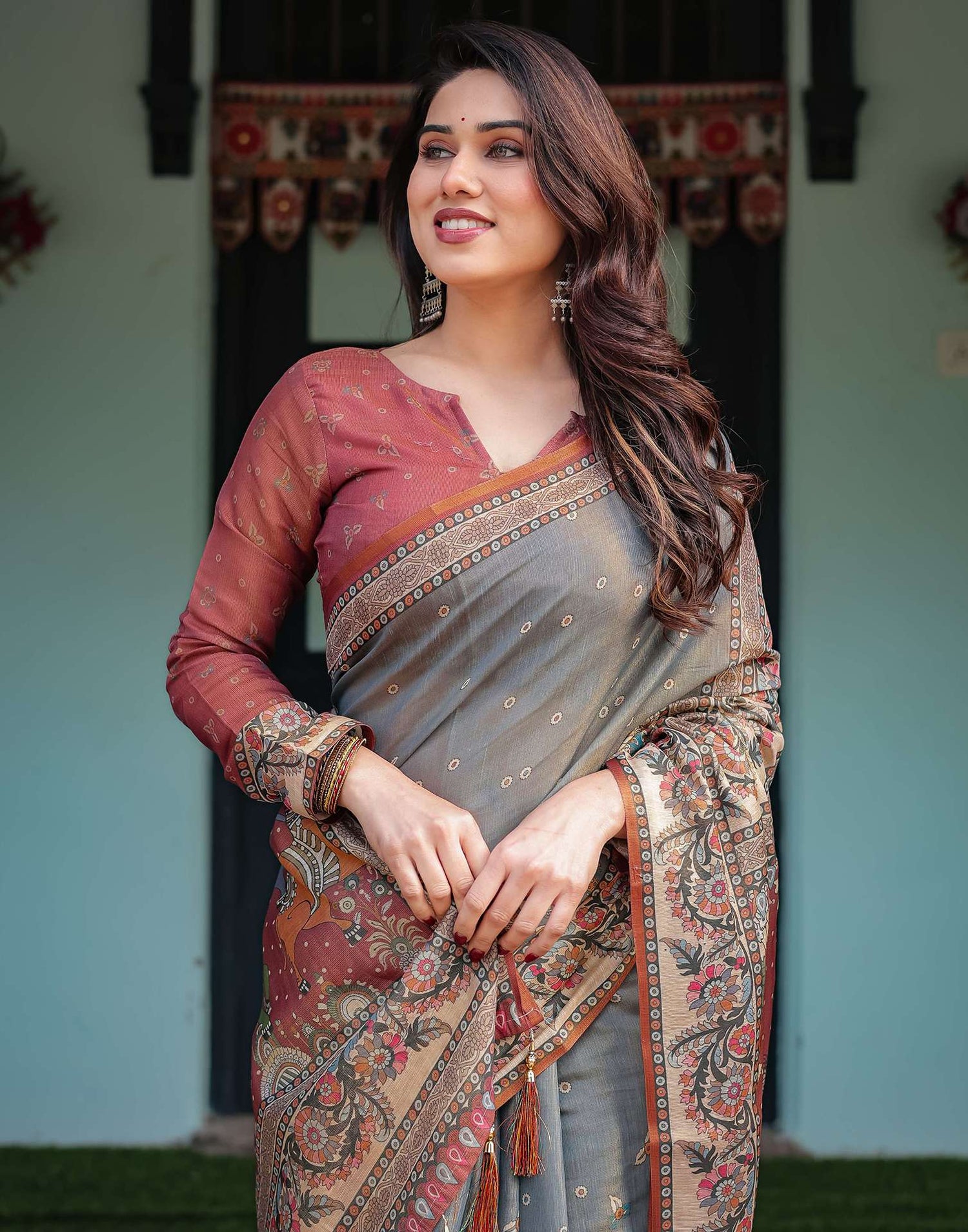 Grey Linen Kalamkari Saree