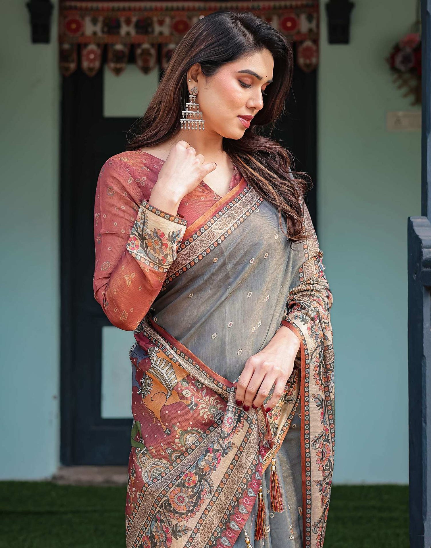 Grey Linen Kalamkari Saree
