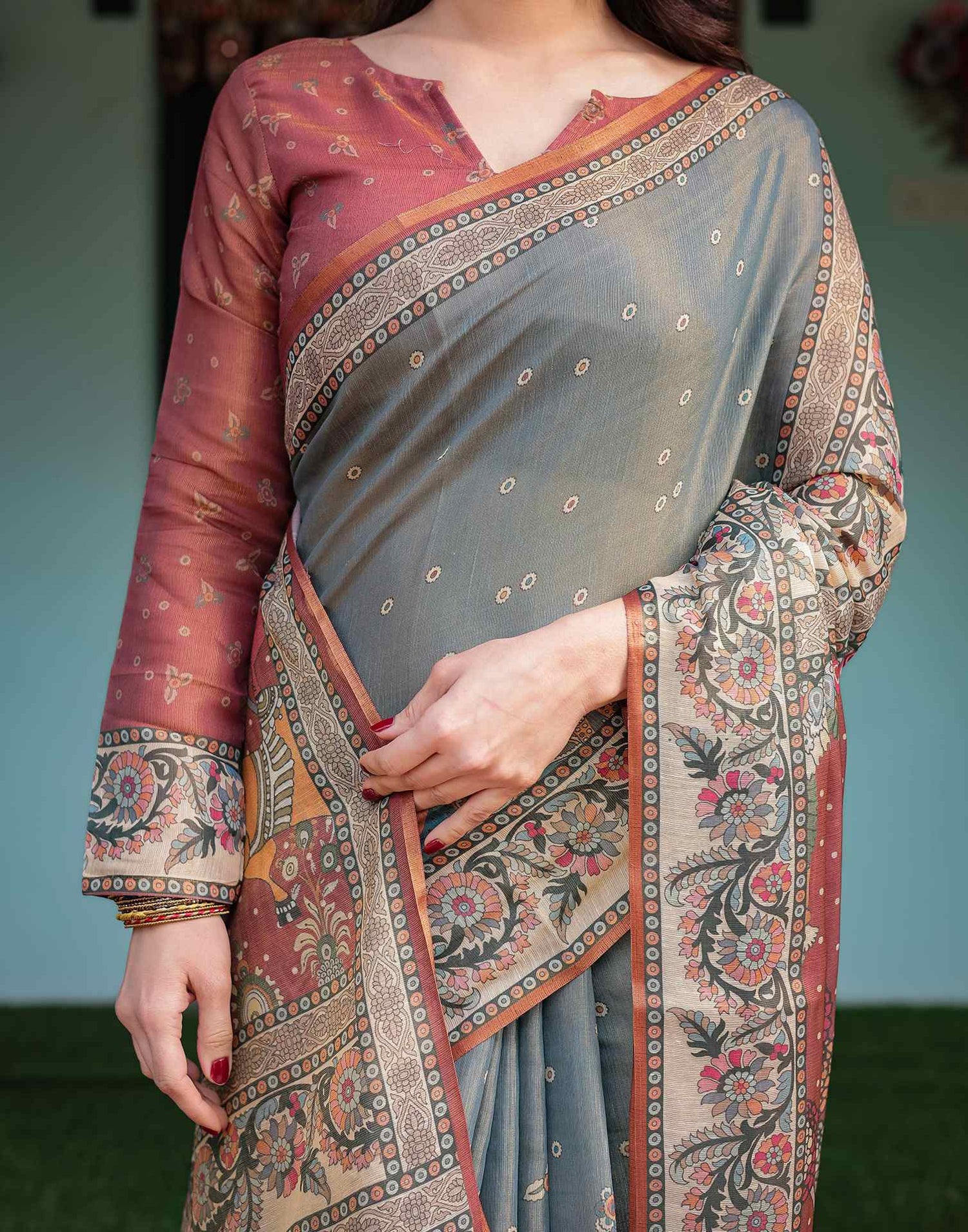 Grey Linen Kalamkari Saree