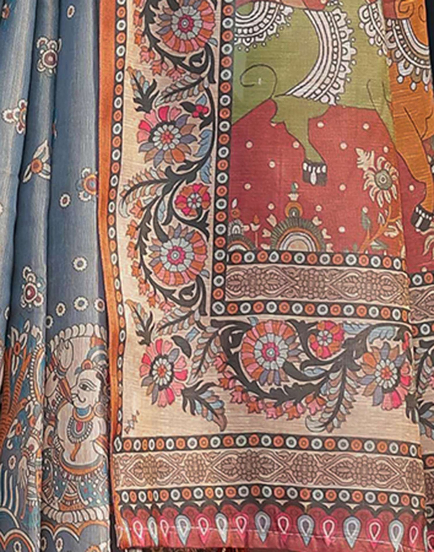 Grey Linen Kalamkari Saree