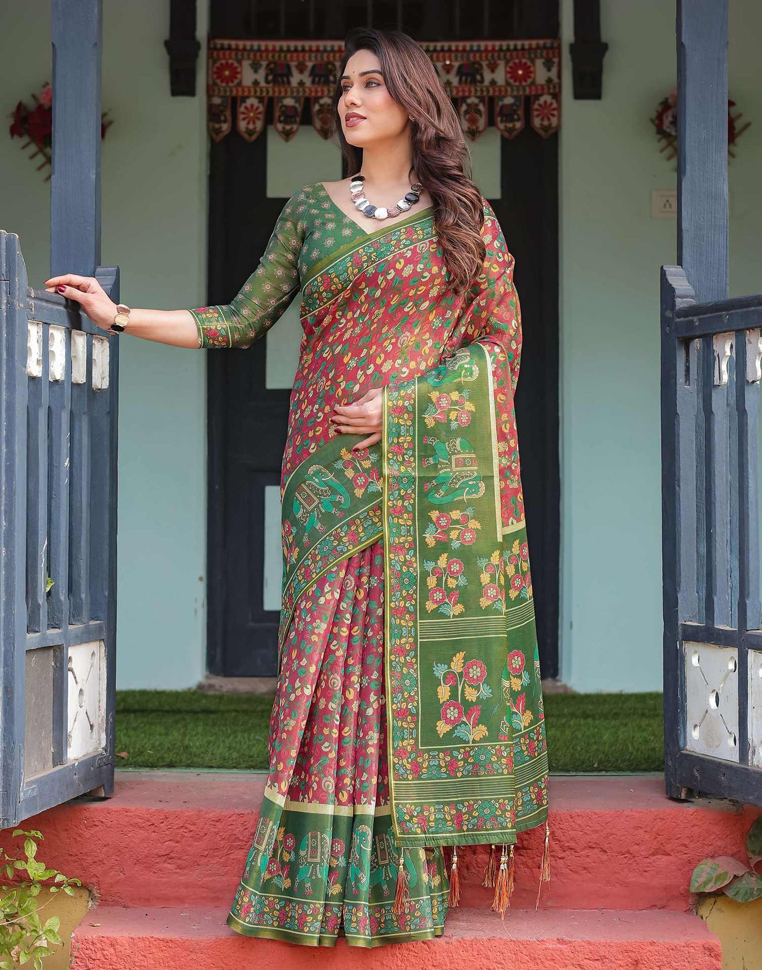 Rani Pink Linen Kalamkari Saree