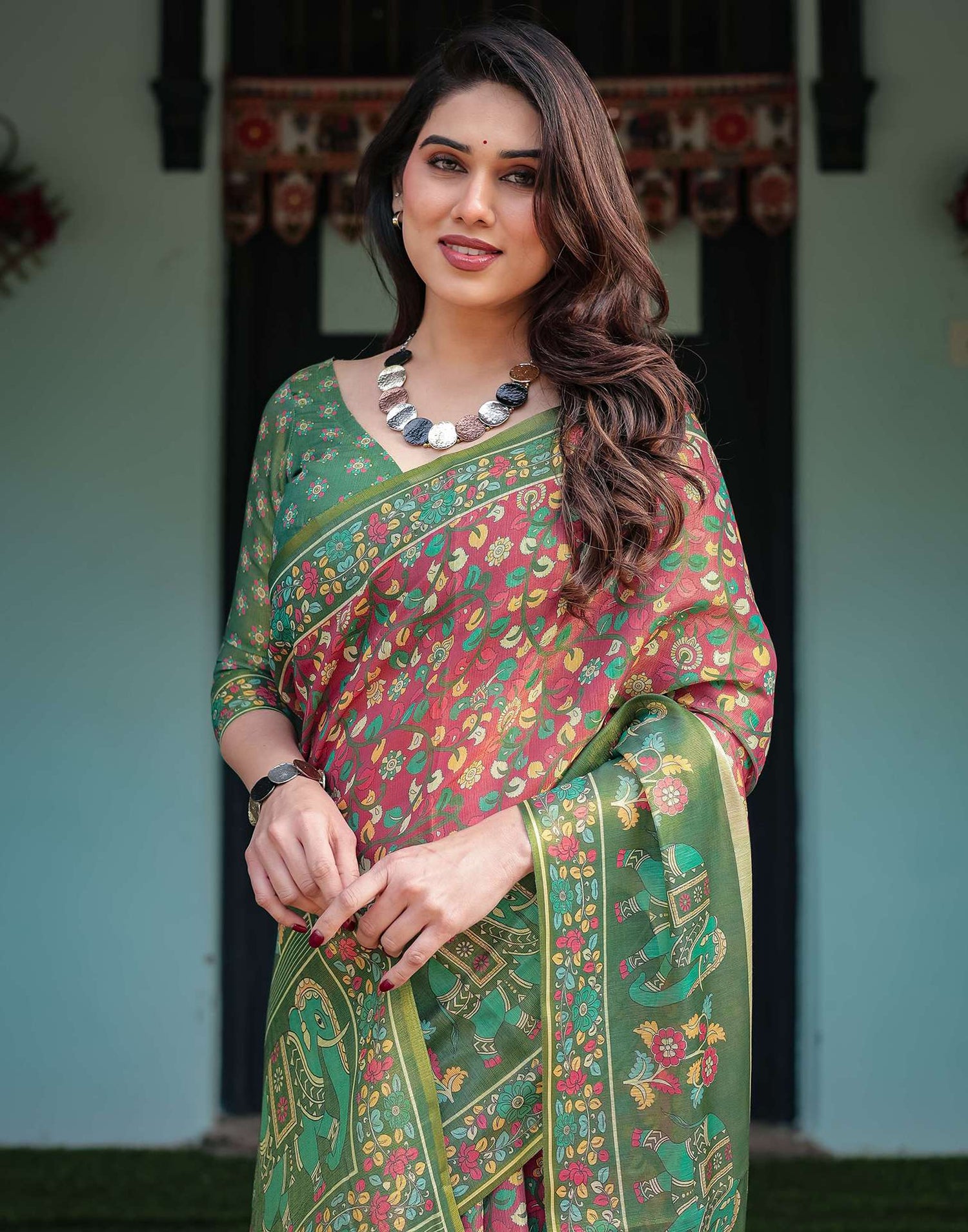 Rani Pink Linen Kalamkari Saree