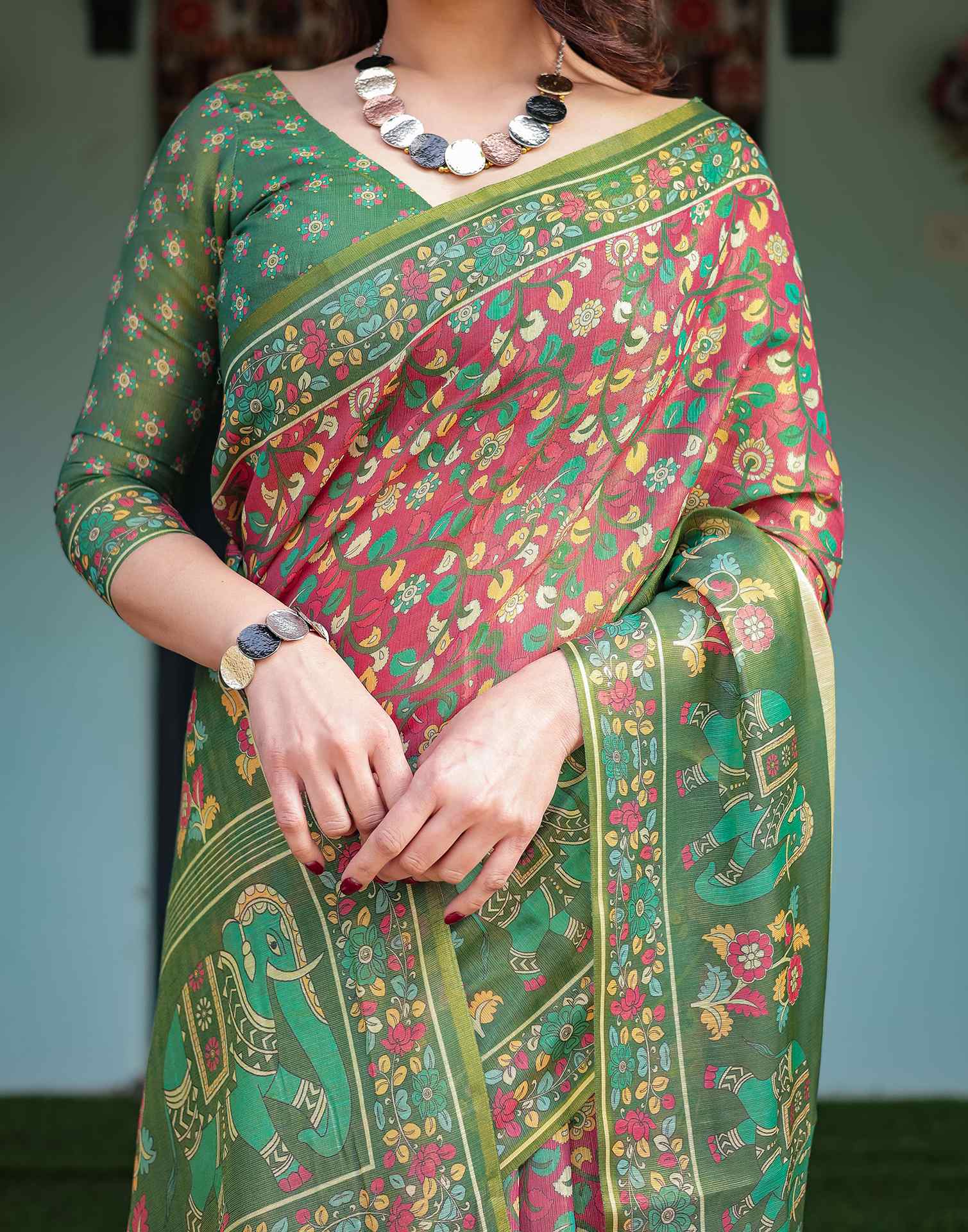 Rani Pink Linen Kalamkari Saree