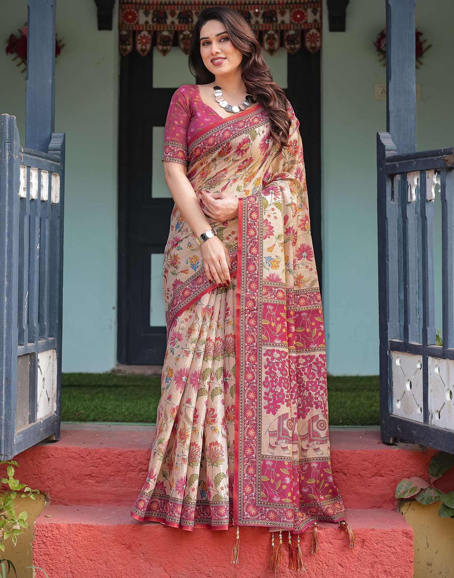 Beige Linen Floral Printed Saree