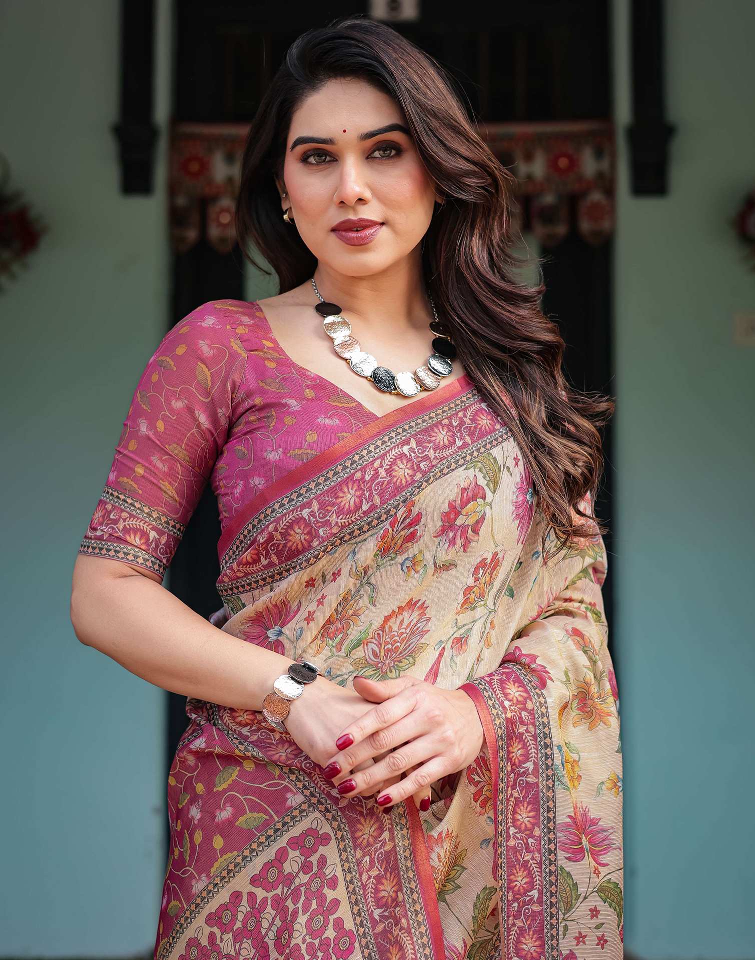 Beige Linen Floral Printed Saree