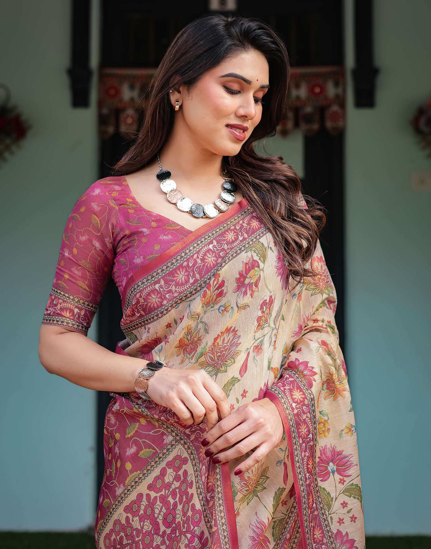 Beige Linen Floral Printed Saree