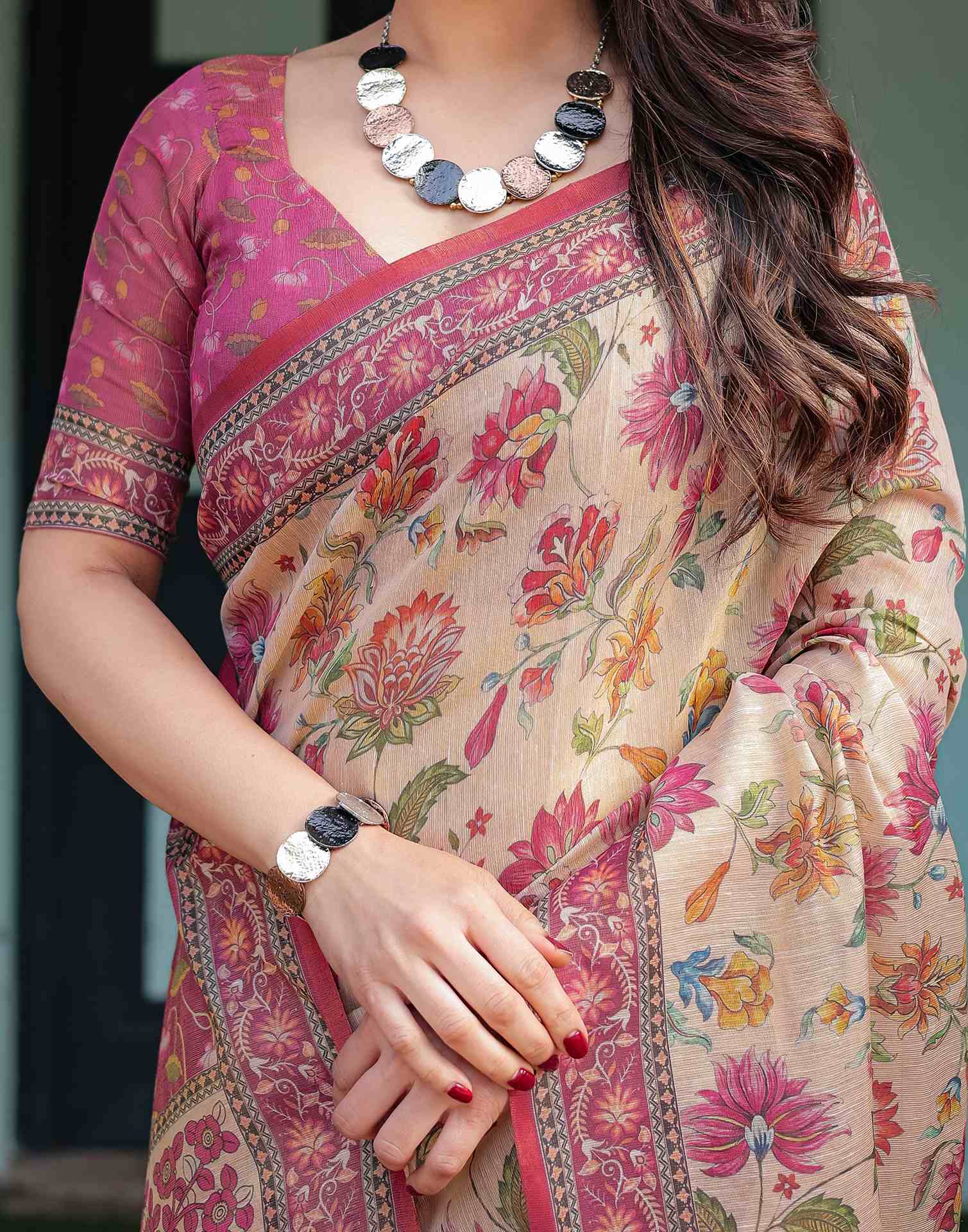 Beige Linen Floral Printed Saree