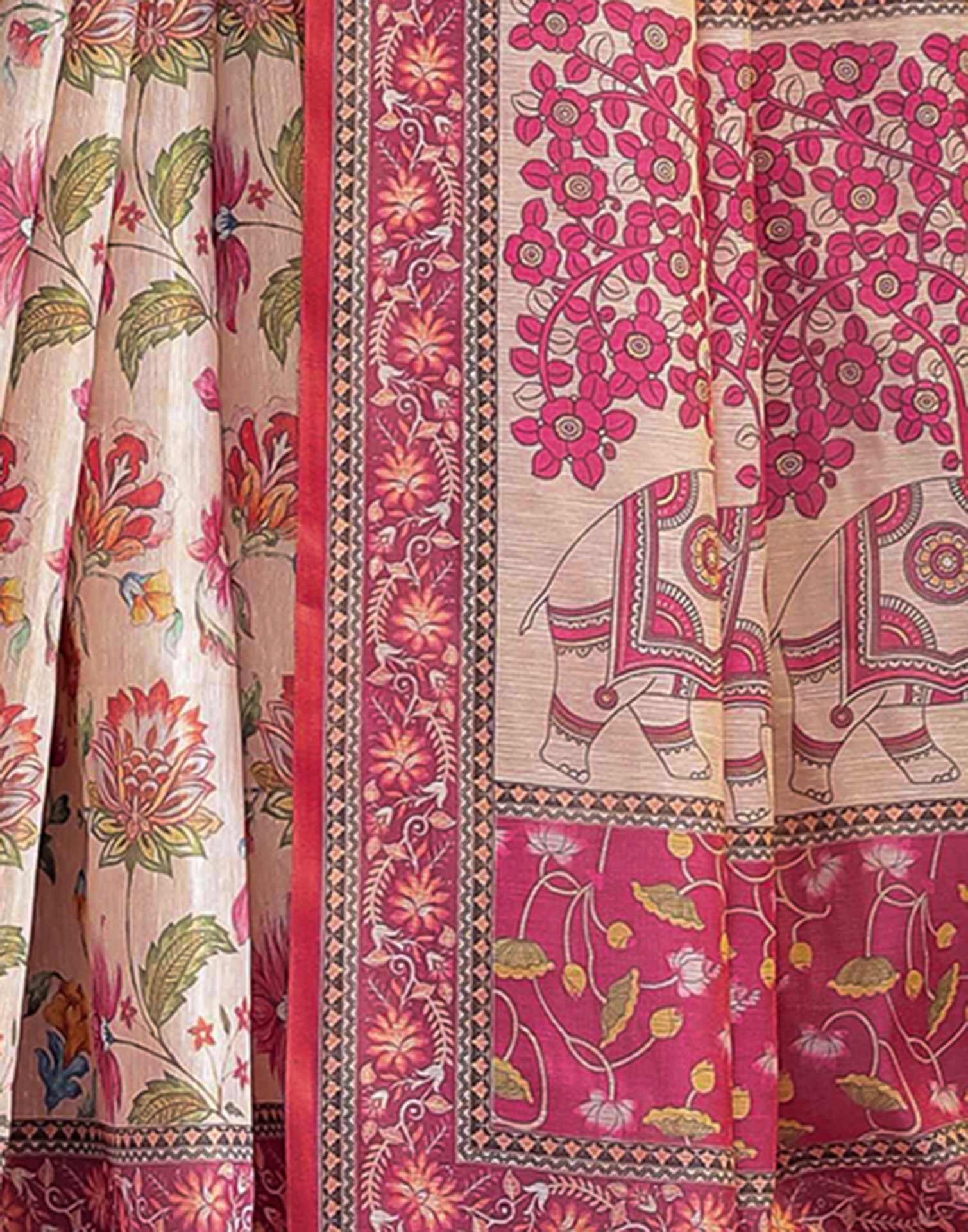 Beige Linen Floral Printed Saree