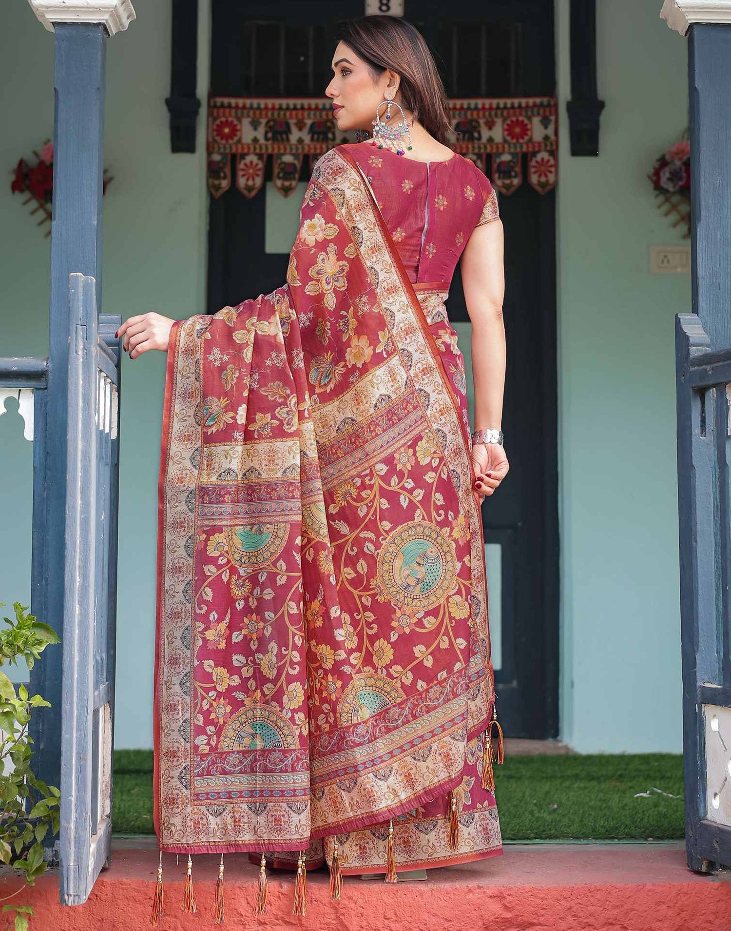 Rani Pink Linen Floral Printed Saree